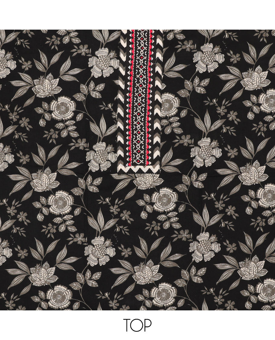 Black Chudidar Material Set - Floral Vine Print Jaipur Cotton Top with Printed Bottom & Chevron Stripes Dupatta | Traditional Indian Outfit for Festivals, Weddings & Special Occasions