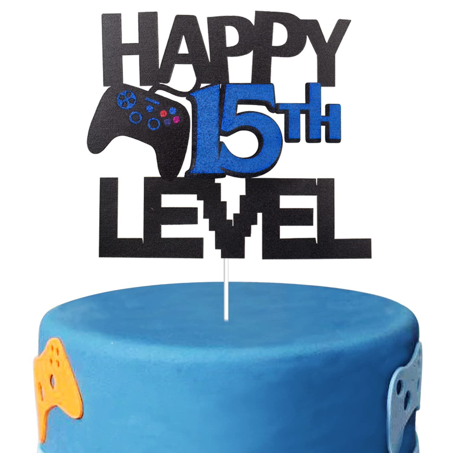 Happy 15th Level Birthday Cake Topper - Glitter Video Game Themed Party Decorations for Gamer's Unlocked Level 15 Celebration - Perfect for Birthday Cakes, Cupcakes & Gaming Party Decor