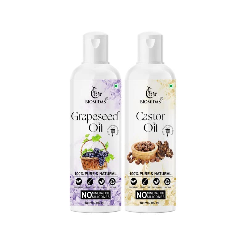 Biomidas 100% Pure Grapeseed Oil & Castor Oil Combo (100ML Each) - Promotes Rapid Hair Growth, Reduces Hair Fall & Split Ends for Softer, Shinier Hair - Pack of 2 - Ideal for Daily Hair Care & Scalp Treatment