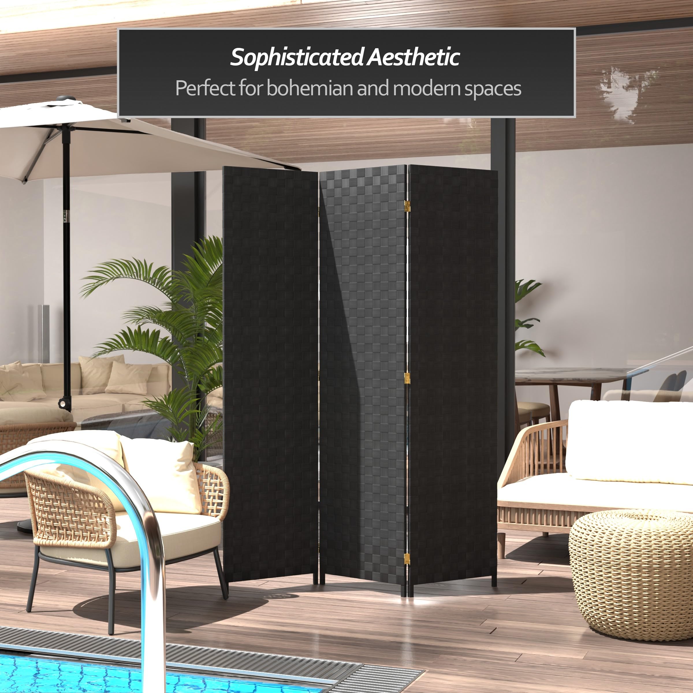 6 ft Tall Black Woven Fiber Outdoor Room Divider - All Weather 3 Panel Red Lantern Design for Patio, Garden, and Backyard Privacy