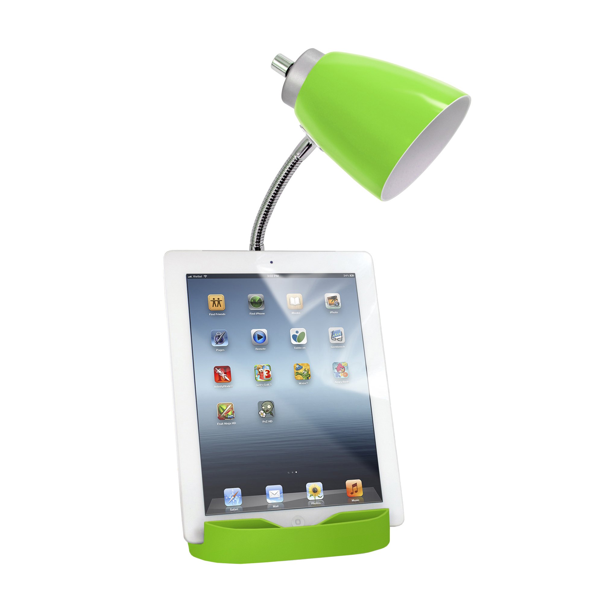 Simple Designs LD1056-GRN Adjustable Gooseneck Desk Lamp with iPad/Tablet Stand, Book Holder & USB Charging Port - Green Study Light for Reading, Working & Home Office Use