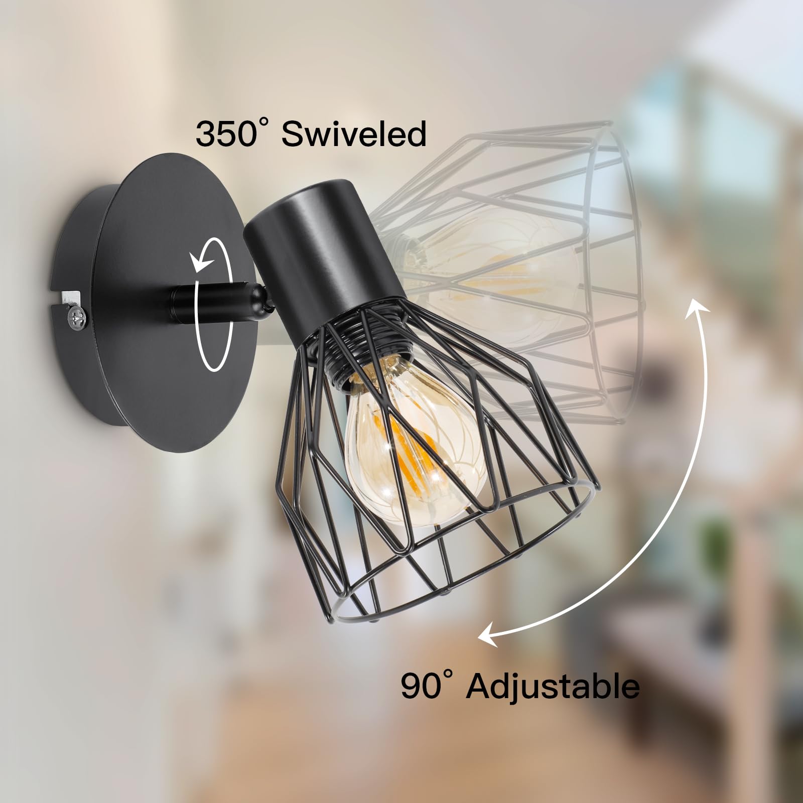 Industrial Wall Lights with E14 Socket - Adjustable Wire Cage Shade, Black Metal Sconce Lighting (2 Pack) - Perfect for Living Room, Bedroom, Hallway & Shop Decor