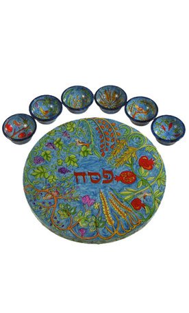 Hand-Painted Glass Seder Plate - Seven Species Design by Yair Emanuel - Elegant Passover Dinnerware for Jewish Holiday Celebrations and Home Decor