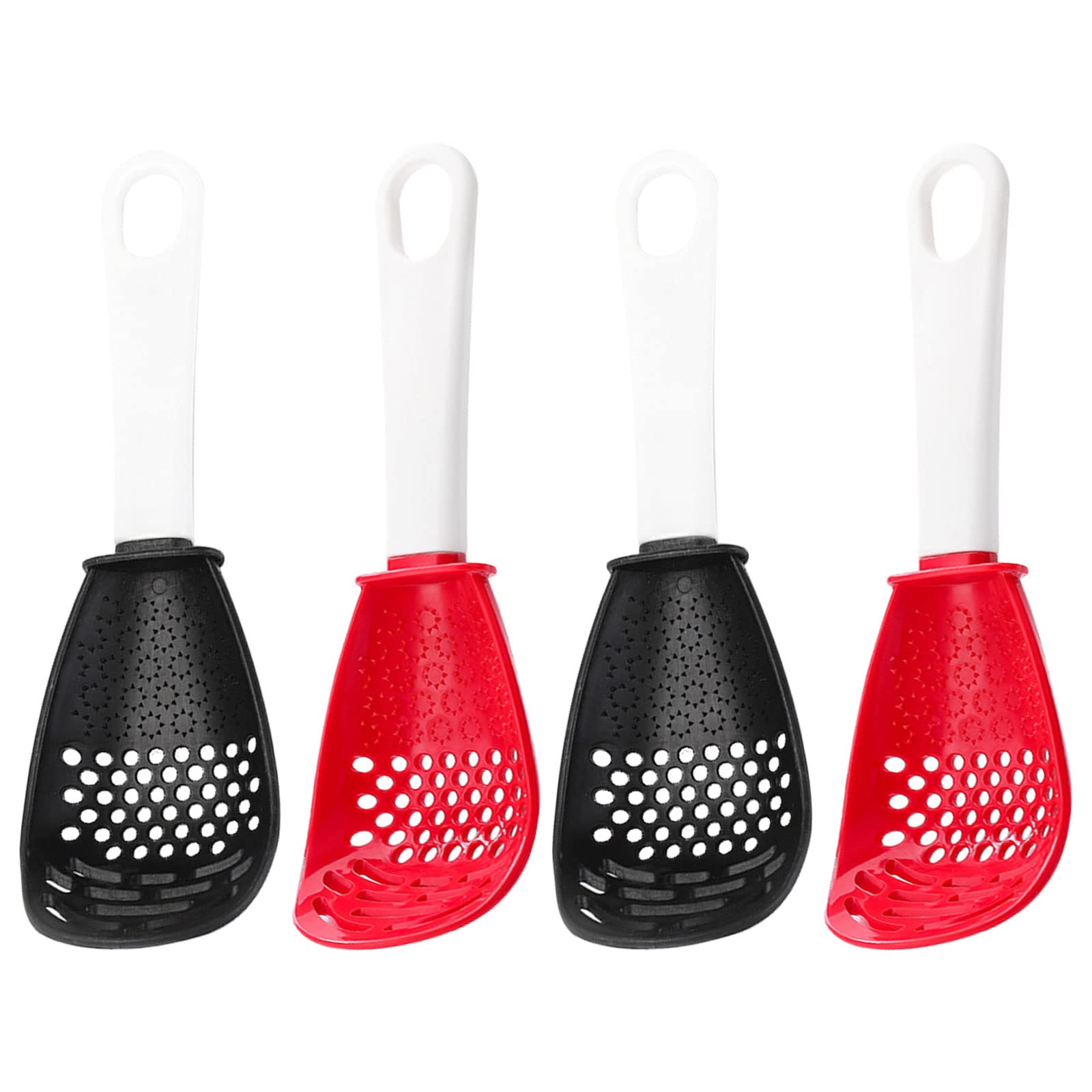 CDIYTOOL 4-Piece Kitchen Utensil Set - Multifunctional Cooking Spoon, Strainer, Grater & Masher - Essential Cooking Gadgets for Draining, Mashing, Grinding & Garlic Pressing (Red & Black) - Perfect for Meal Prep, Baking & Everyday Cooking