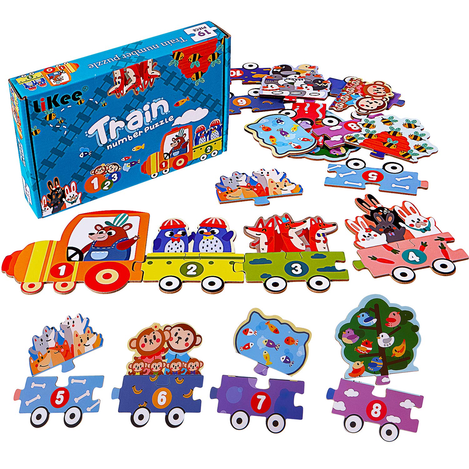 LIKEE Montessori Math Learning Toys for Kids Ages 3-6 - 19pcs Number Floor Puzzle, Addition Flash Cards, Animal Train Jigsaw & Sorting Blocks - Preschool Educational STEM Games for Classroom & Homeschool Learning