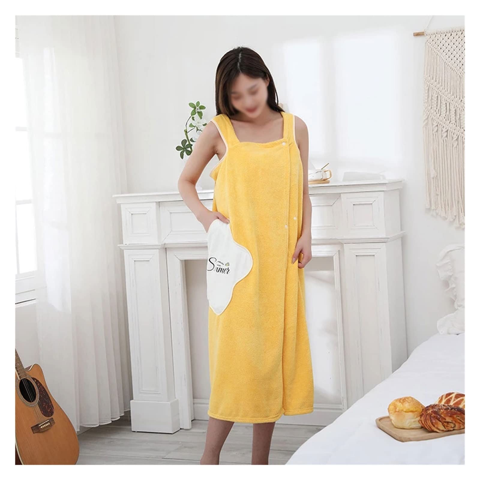 Soft Coral Fleece Bath Robe for Women - Wearable Sling Bath Towel, 105 x 130cm, Yellow - Cozy Post-Shower Wrap, Spa & Lounge Wear
