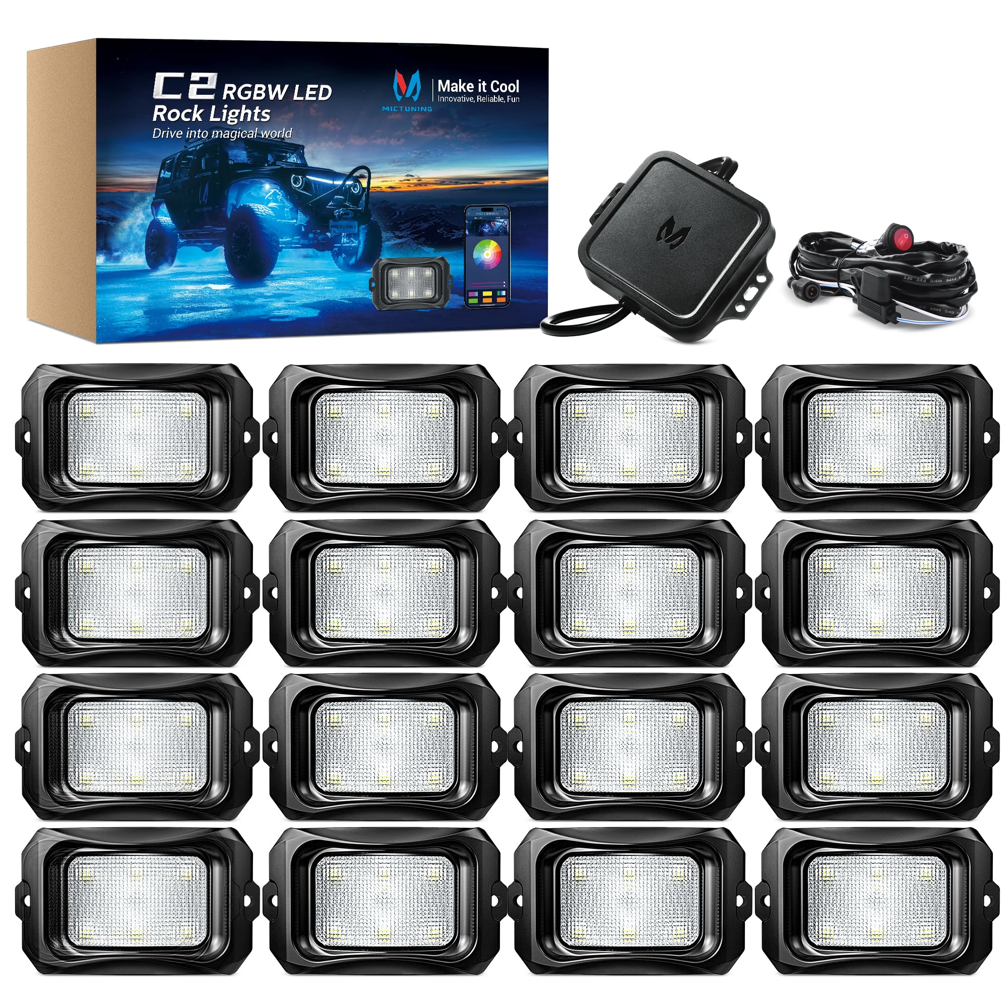MICTUNING C2 Curved RGBW LED Rock Lights - 16 Pods Underglow Multicolor Neon Light Kit with Bluetooth APP Control & Wiring Switch - Perfect for Off-Road Trucks, Jeeps, ATVs & Car Customization