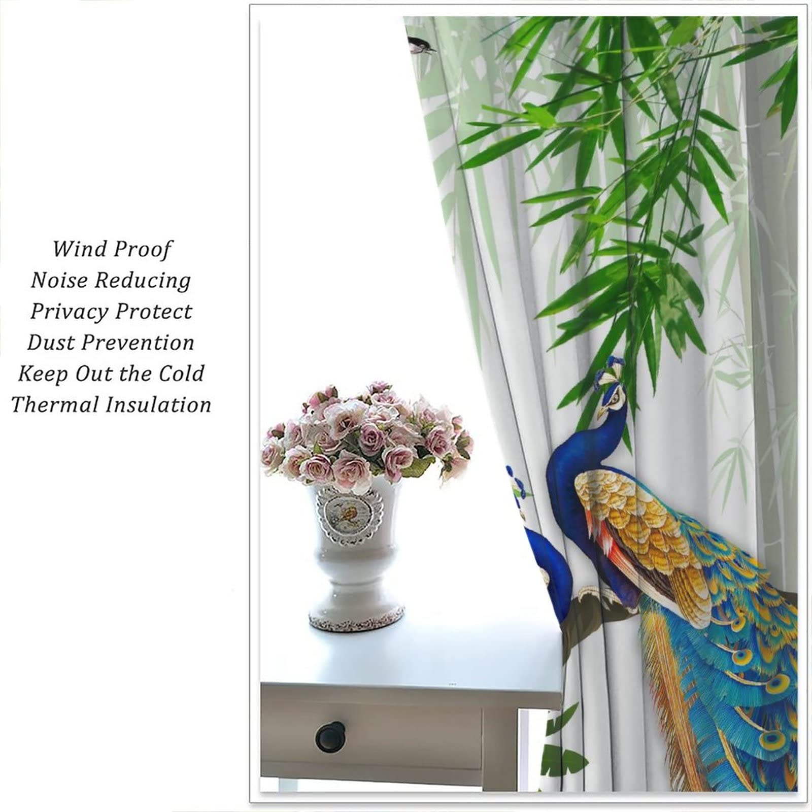 Peacock Landscape Curtains - Elegant Peacock & Bamboo Forest Design Window Drapes, 2-Panel Set (42x45 inches) for Living Room, Bedroom & Kids Room Decor - Perfect for Nature-Themed Home Interiors & Tropical Style Decorations