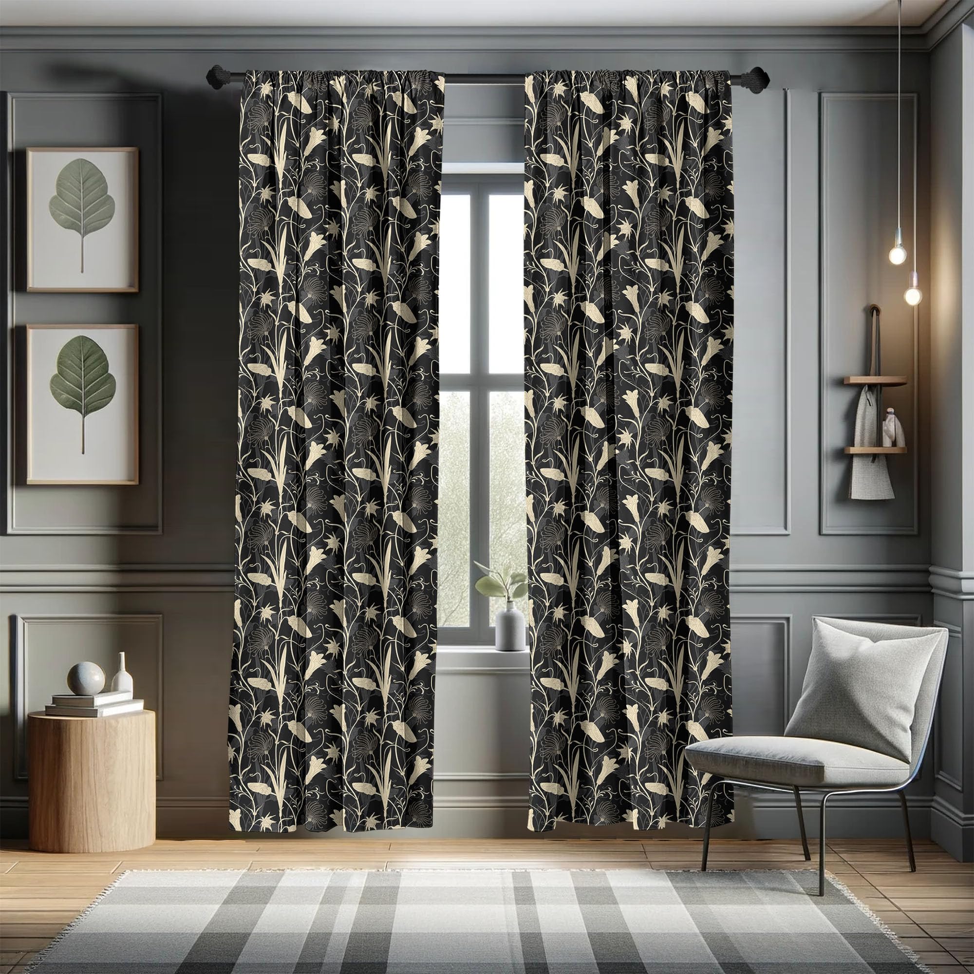 Ambesonne Art Nouveau Window Curtains - Black Ivory Floral Leaf Design, Lightweight 2-Panel Set with Rod Pocket (28