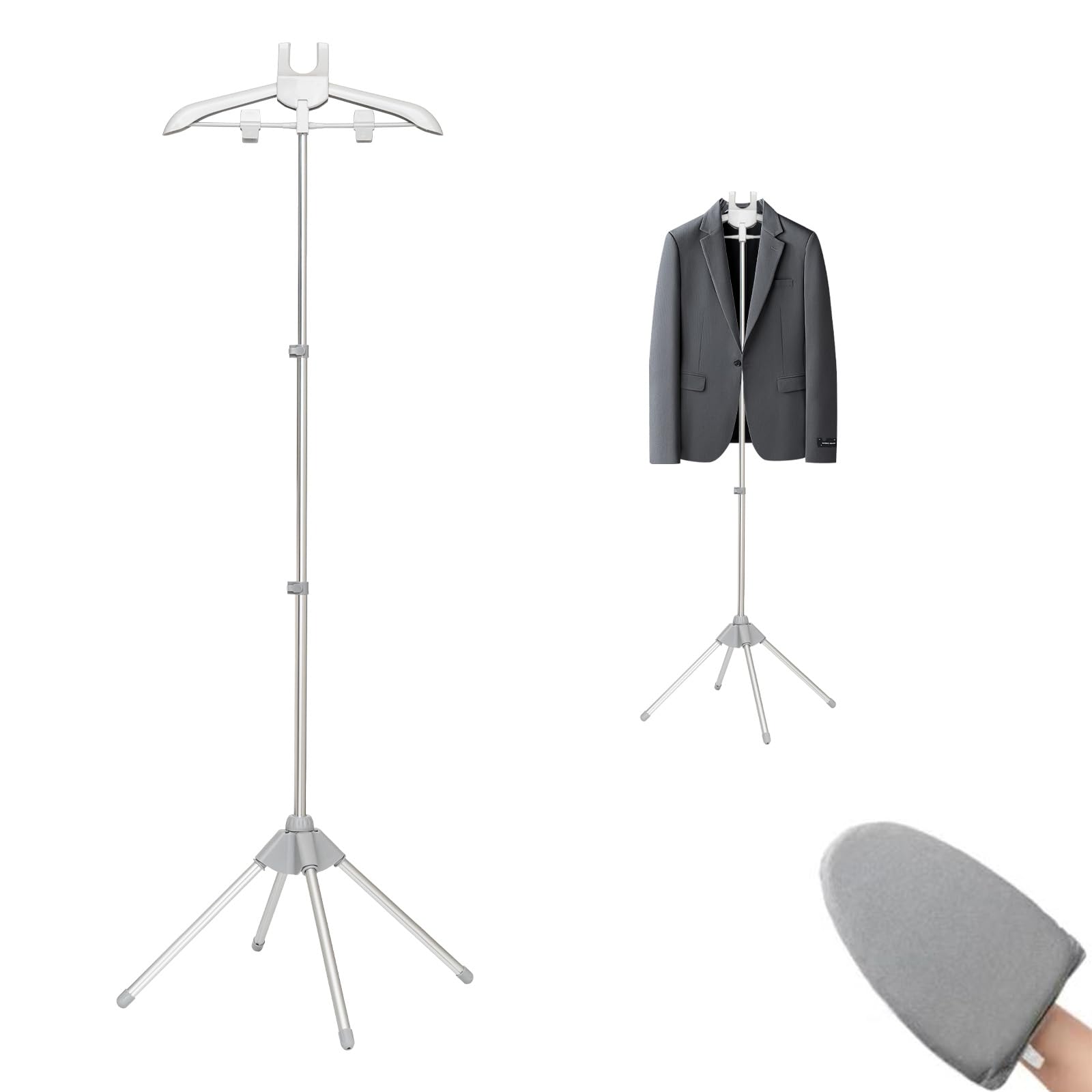 Portable Standing Clothes Steamer with Adjustable Hanger & Ironing Gloves | Foldable Garment Drying Rack | Handheld Steamer for Travel & Home Use | Perfect for Wrinkles Removal & Quick Ironing | Grey