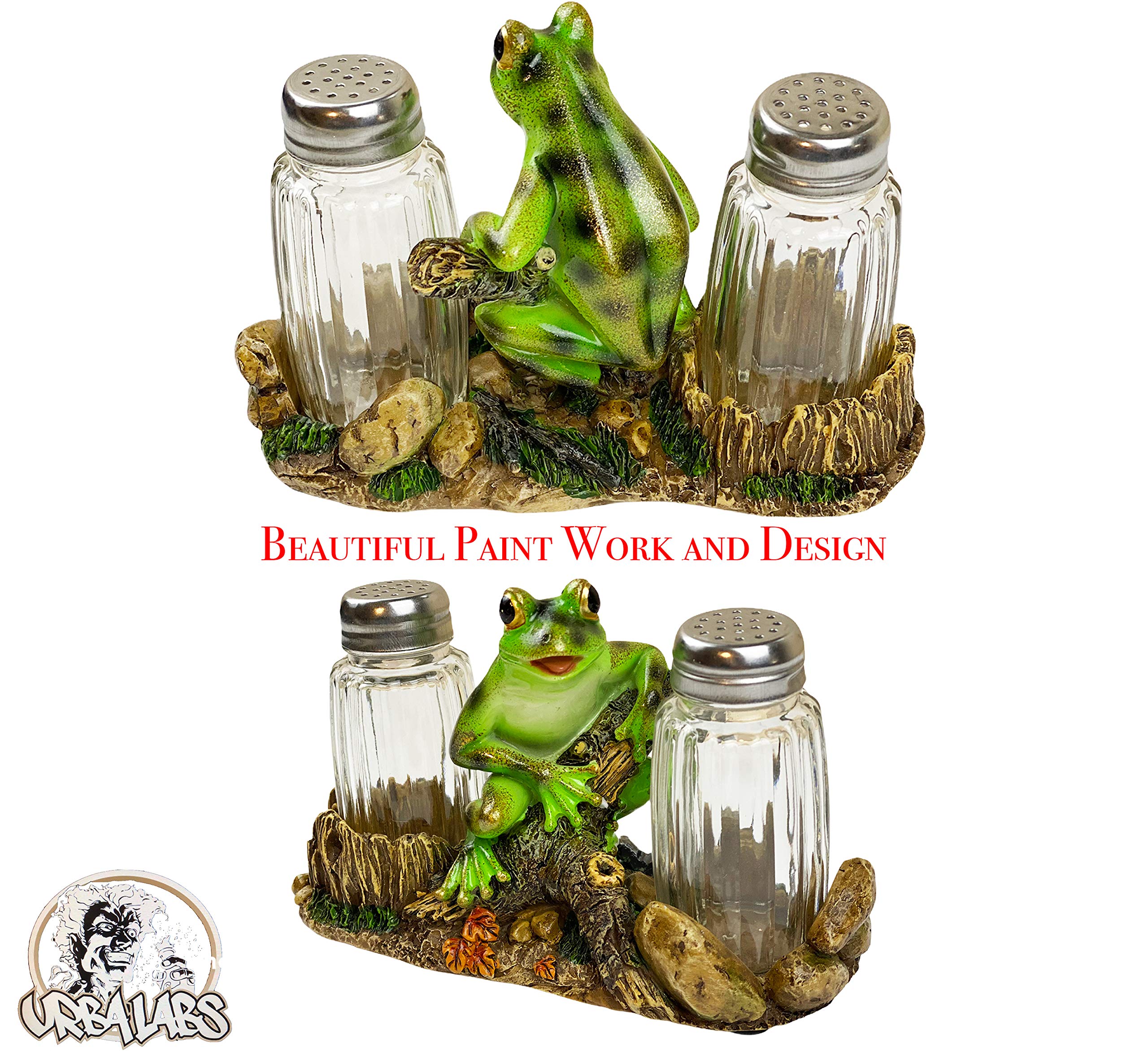 Ceramic Frog Salt and Pepper Shaker Set - Farmhouse Kitchen Decor with Glass Caddy - Cute Frog Gifts for Friends & Family - Perfect for Dinner Table, Countertop Decor, and Housewarming Parties