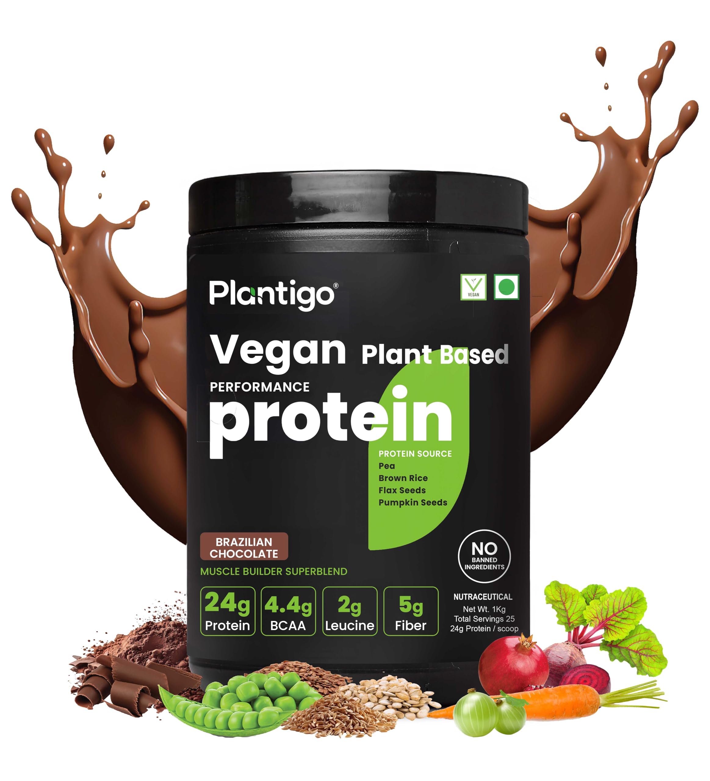 Plantigo Clean Plant Protein Powder - Vegan Protein Blend with Pea, Brown Rice, Flax & Pumpkin | 21 Superfoods, No Preservatives or Banned Substances | Brazilian Chocolate Flavor (1kg) for Men & Women - Perfect for Post-Workout Recovery, Smoothies & Healthy Meal Replacement