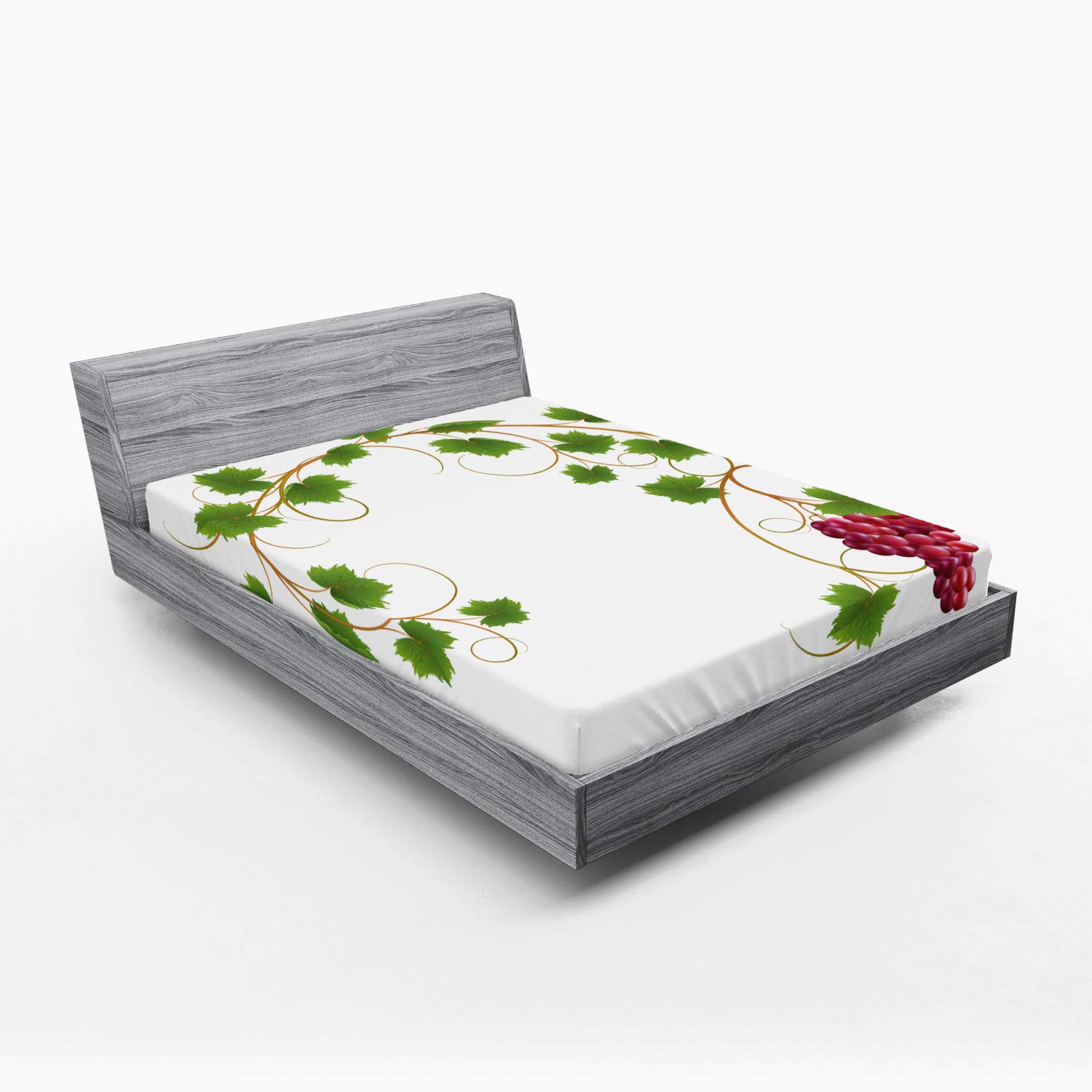 Ambesonne Vineyard Queen Size Fitted Sheet - Deep Pocket Elastic All Around, Green Purple Cabernet Wine Theme with Ivy Branch & Grape Clusters Print - Perfect for Bedroom, Guest Room, or Vacation Home Decor