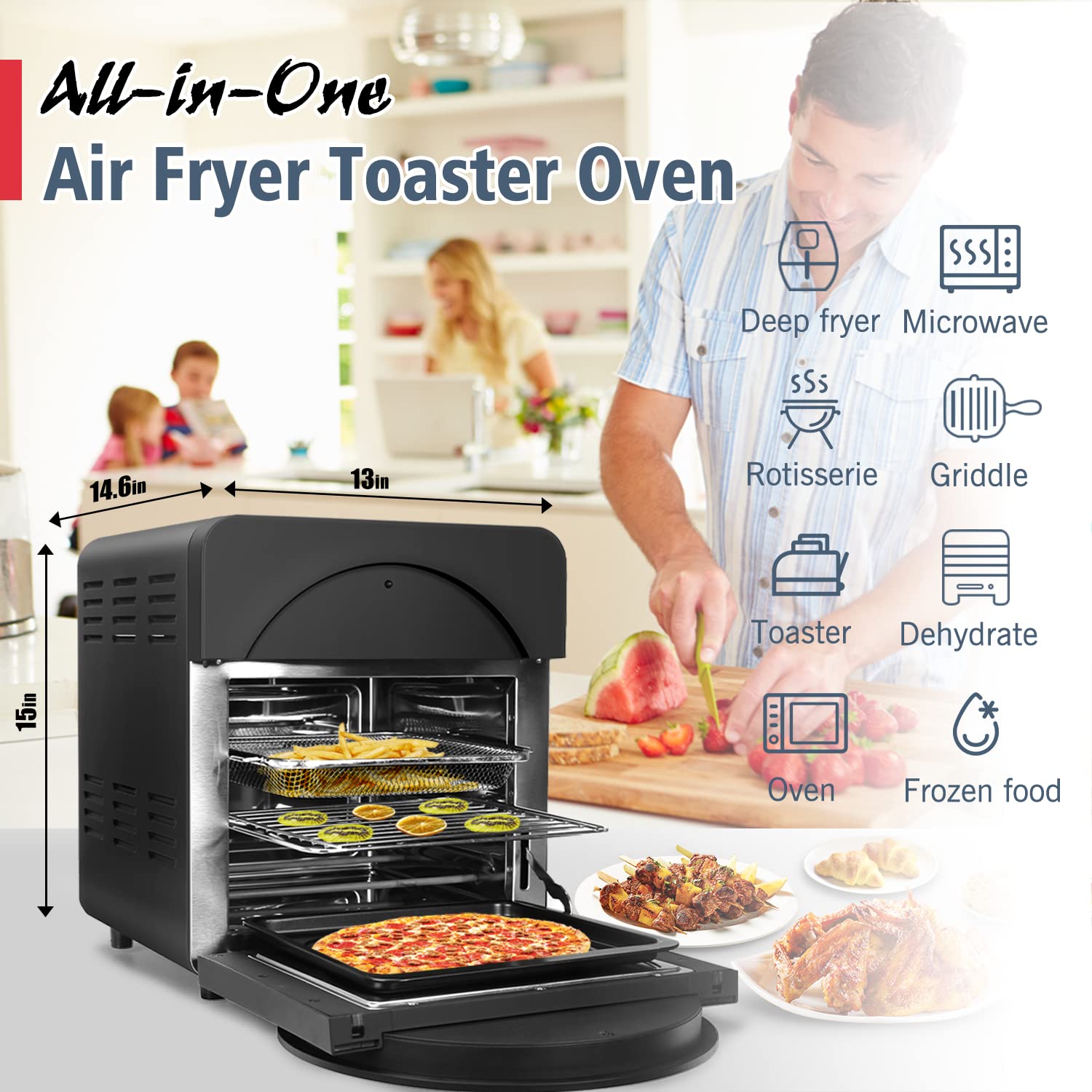 CUSIMAX 15.5QT 16-in-1 Air Fryer Toaster Oven Combo with Rotisserie & Dehydrator - Large Digital Convection Roaster Oven with Accessories - Perfect for Baking, Roasting, Air Frying & Meal Prep - Black
