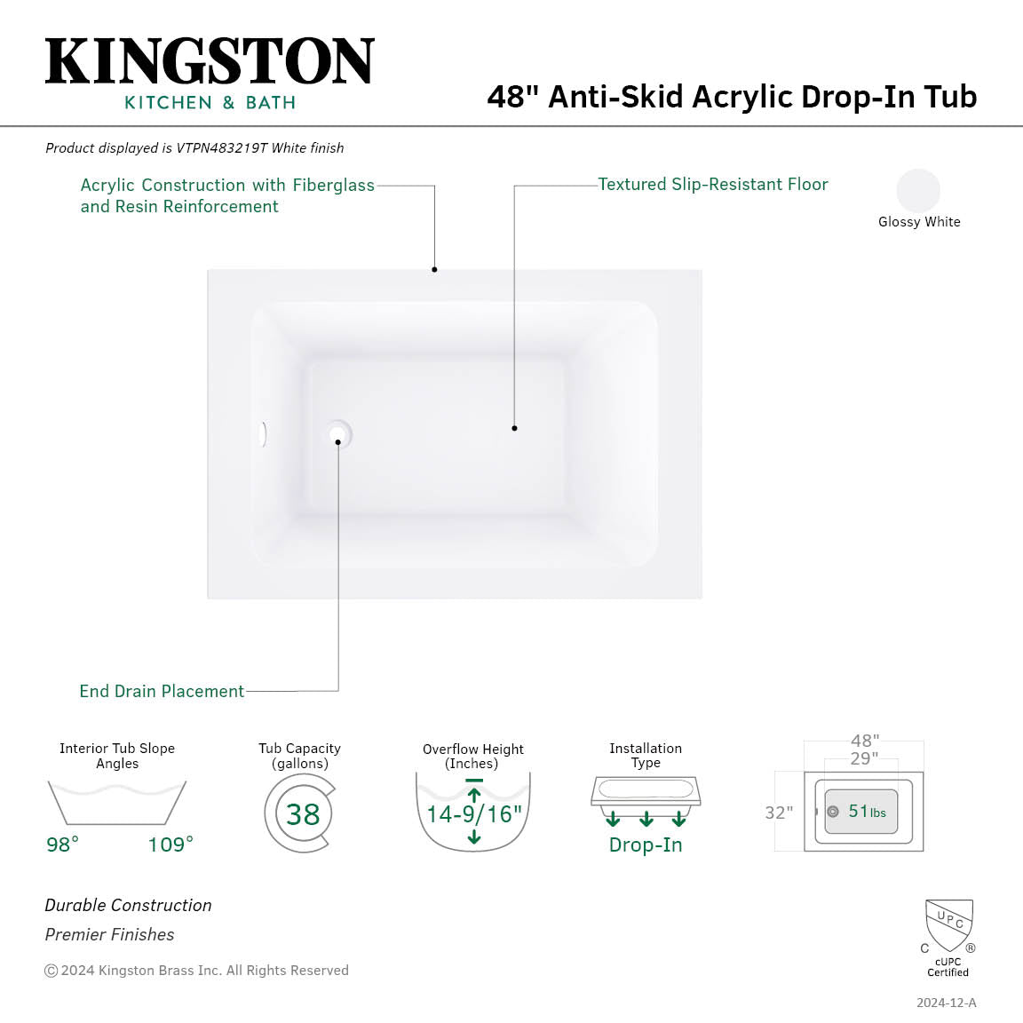 Aqua Eden 48 Inch Acrylic Rectangular Drop-In Bathtub with Anti-Skid Surface - Glossy White - Perfect for Modern Bathrooms & Spa-Like Relaxation