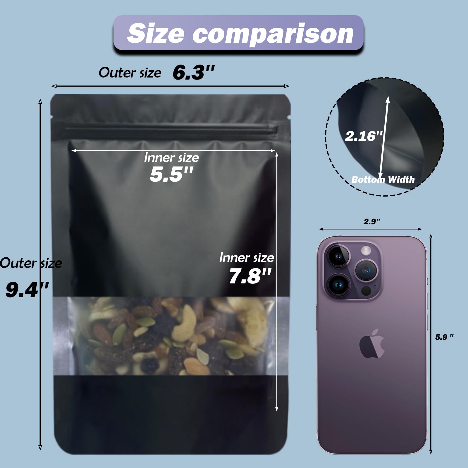 50 Pcs 6x9 Inch Smell Proof Stand Up Pouches - Resealable Mylar Bags with Window & Zipper for Food Storage | Coffee, Snacks, Baked Goods Packaging | Ideal for Small Business, Home Kitchen & Travel (Black)