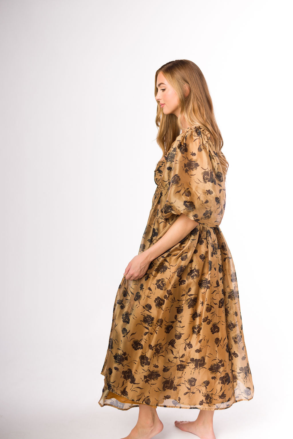 Harlow Camel & Black Floral Maxi Dress with Stretchy Neckline - Bump Friendly Maternity Dress for Women | Perfect for Pregnancy, Special Occasions & Everyday Wear (Restocking Early Fall)