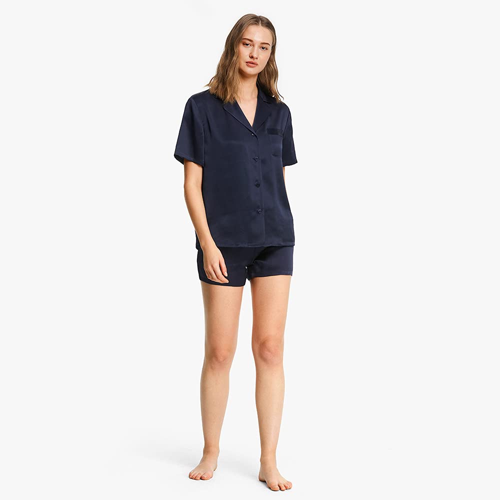 LilySilk Women's 100% Mulberry Silk Pajama Set - 19 Momme Short Sleeve Button Down Sleepwear | Soft & Breathable Two Piece Pajamas for Women | Perfect for Lounge, Sleep & Travel