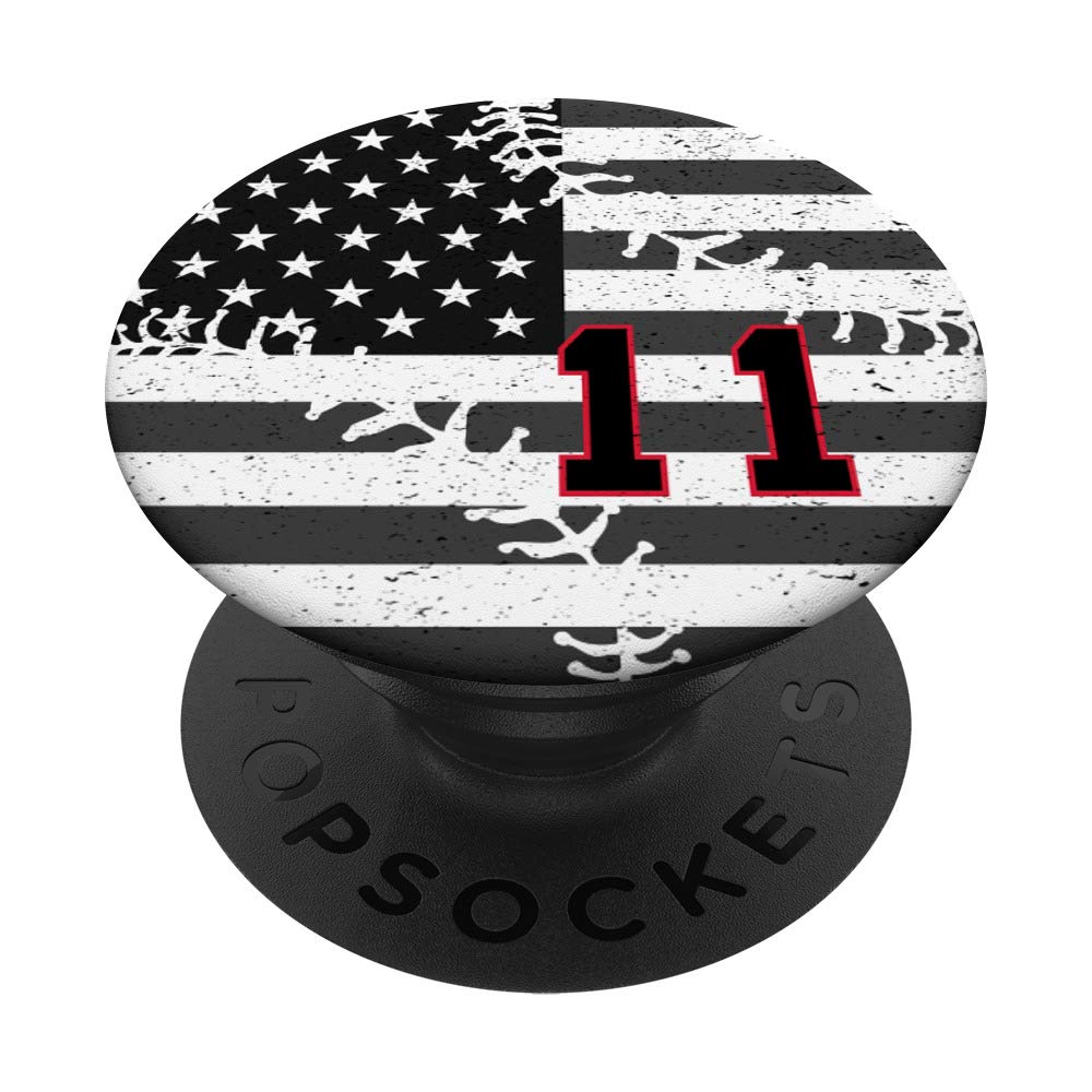 American USA Flag Baseball Number 11 Black Red PopSockets PopGrip - Swappable Phone & Tablet Grip for Sports Fans & Patriotic Enthusiasts - Perfect for Game Days, Travel, and Everyday Use