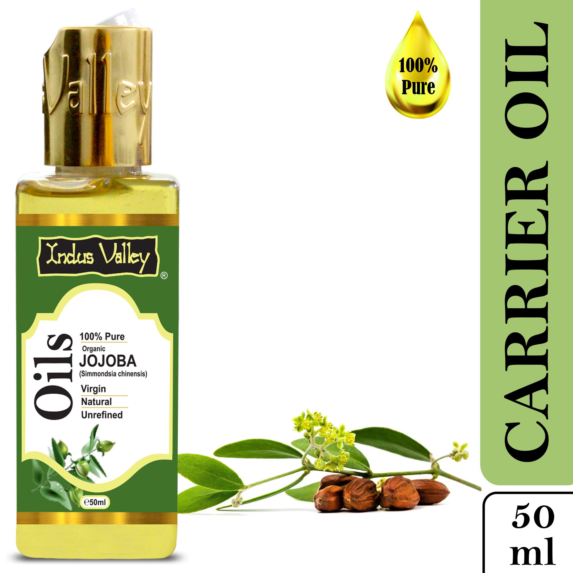 100% Pure Cold Pressed Jojoba Carrier Oil - 50ml | Natural Skin & Hair Moisturizer for Face, Body & Scalp | INDUS VALLEY | Ideal for Massage, Aromatherapy & DIY Beauty Recipes