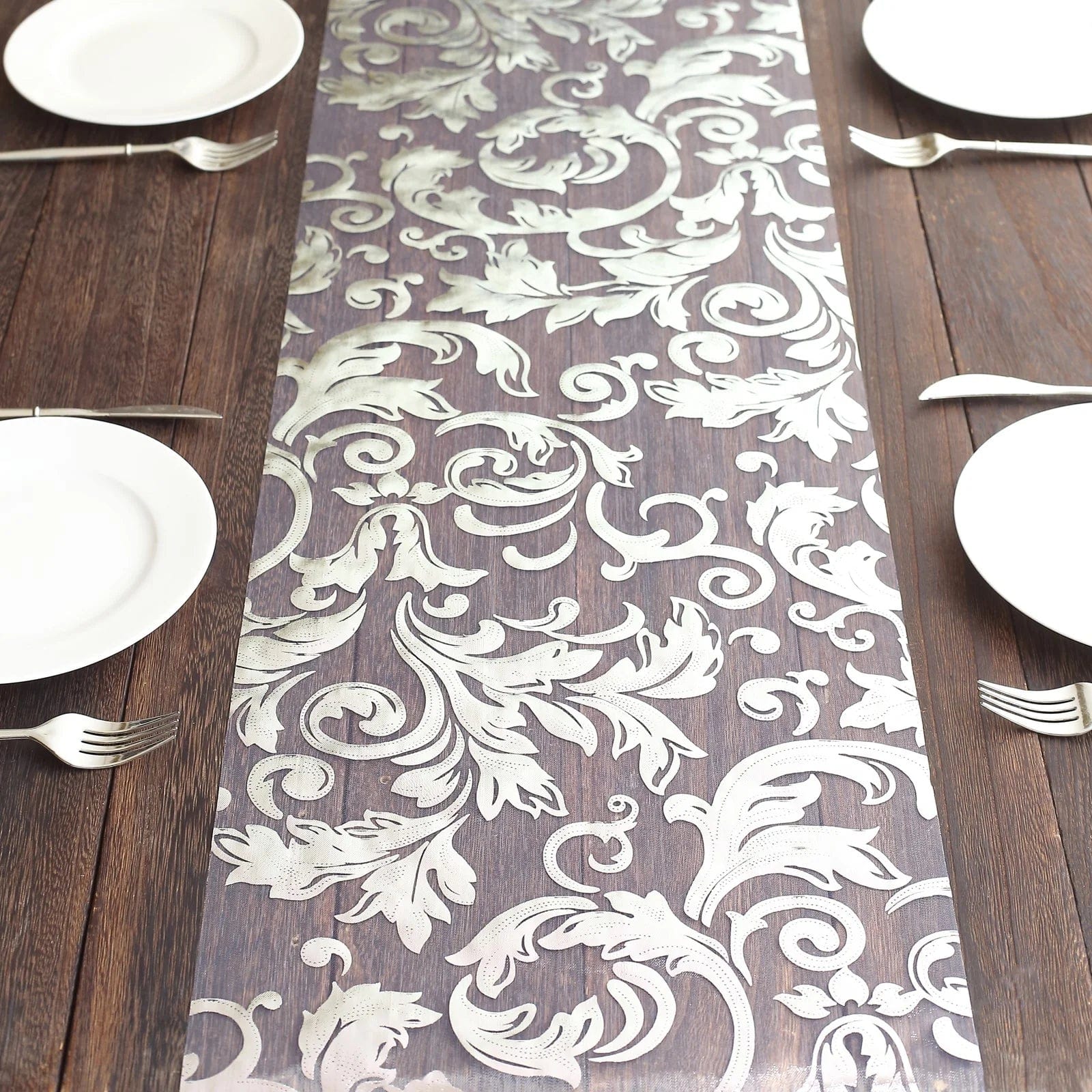 12-Pack 108-Inch Metallic Sheer Organza Table Runners with Elegant Swirl Floral Design - Perfect for Weddings, Parties, and Holiday Decorations