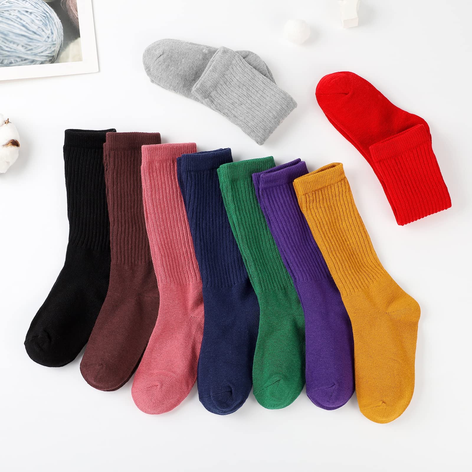 BOOPH 9 Pairs Kids Girls Slouch Socks - Knee High Athletic Crew Socks for Toddler & Baby Girls - Soft & Comfortable for School, Sports & Everyday Wear