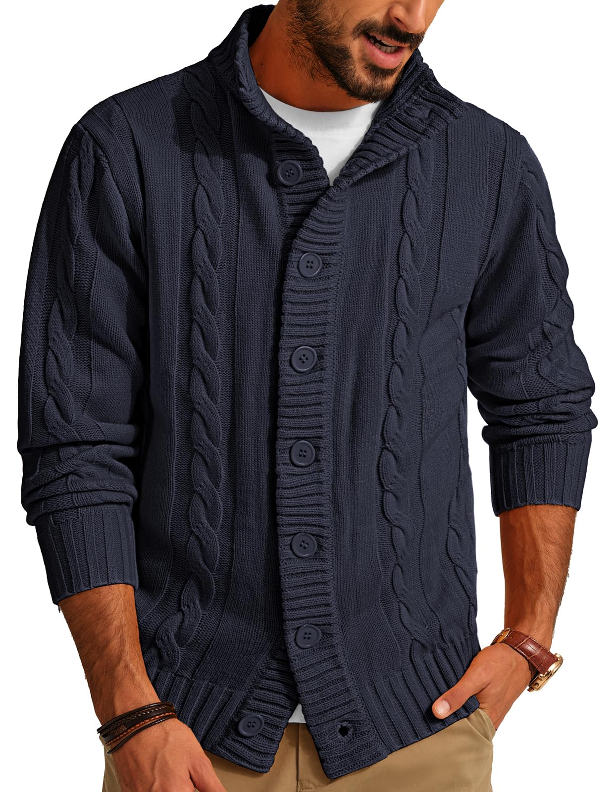 PJ PAUL JONES Men's Stand Collar Cable Knit Button Cardigan Sweater - Warm Winter Pullover for Casual Wear & Office Outfits