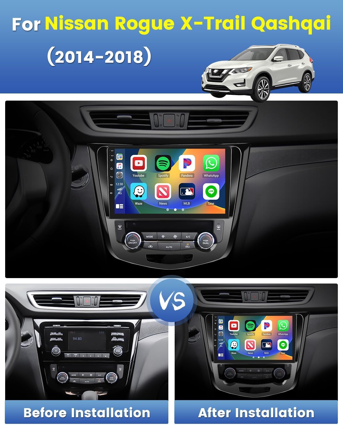 10.1 Inch Android 13 Car Stereo for Nissan Rogue X-Trail Qashqai 2014-2018 | Wireless Apple CarPlay & Android Auto | Bluetooth GPS WiFi Backup Camera | Perfect for Road Trips & Daily Commutes