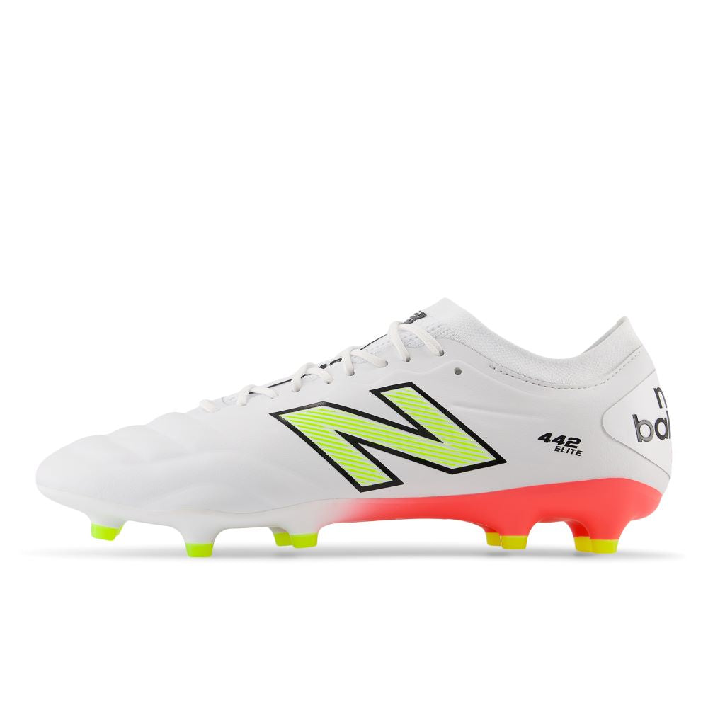 New Balance 442 Elite FG V2 Soccer Cleats for Men - White/Energy Red/Highlite - Firm Ground Football Shoes for Competitive Play & Training