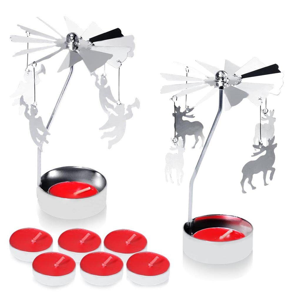 RETON 2-Pack Metal Spinning Candle Holder Carousel - Rotating Tea Light Stand for Home Decor, Wedding, Christmas & Holiday Decoration - Includes 8 Tealight Candles (Deer & Angel Design) - Perfect for Romantic Dinners, Party Centerpieces & Cozy Ambiance