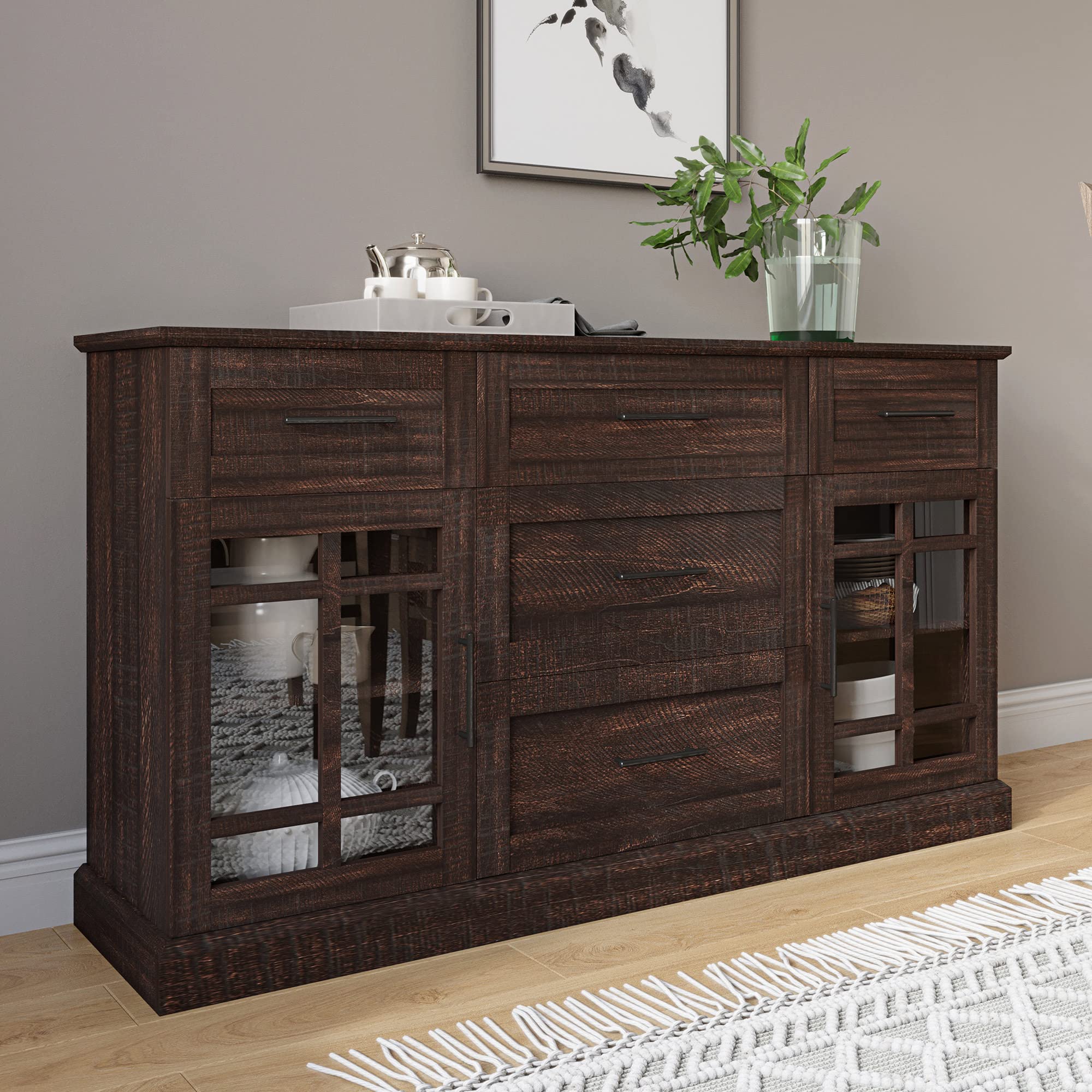 BELLEZE 58 Inch Sideboard Buffet Console Table with Drawers & Adjustable Shelves - Versatile Media Cabinet for Living Room, Dining Room or Entryway - Astorga Espresso Finish