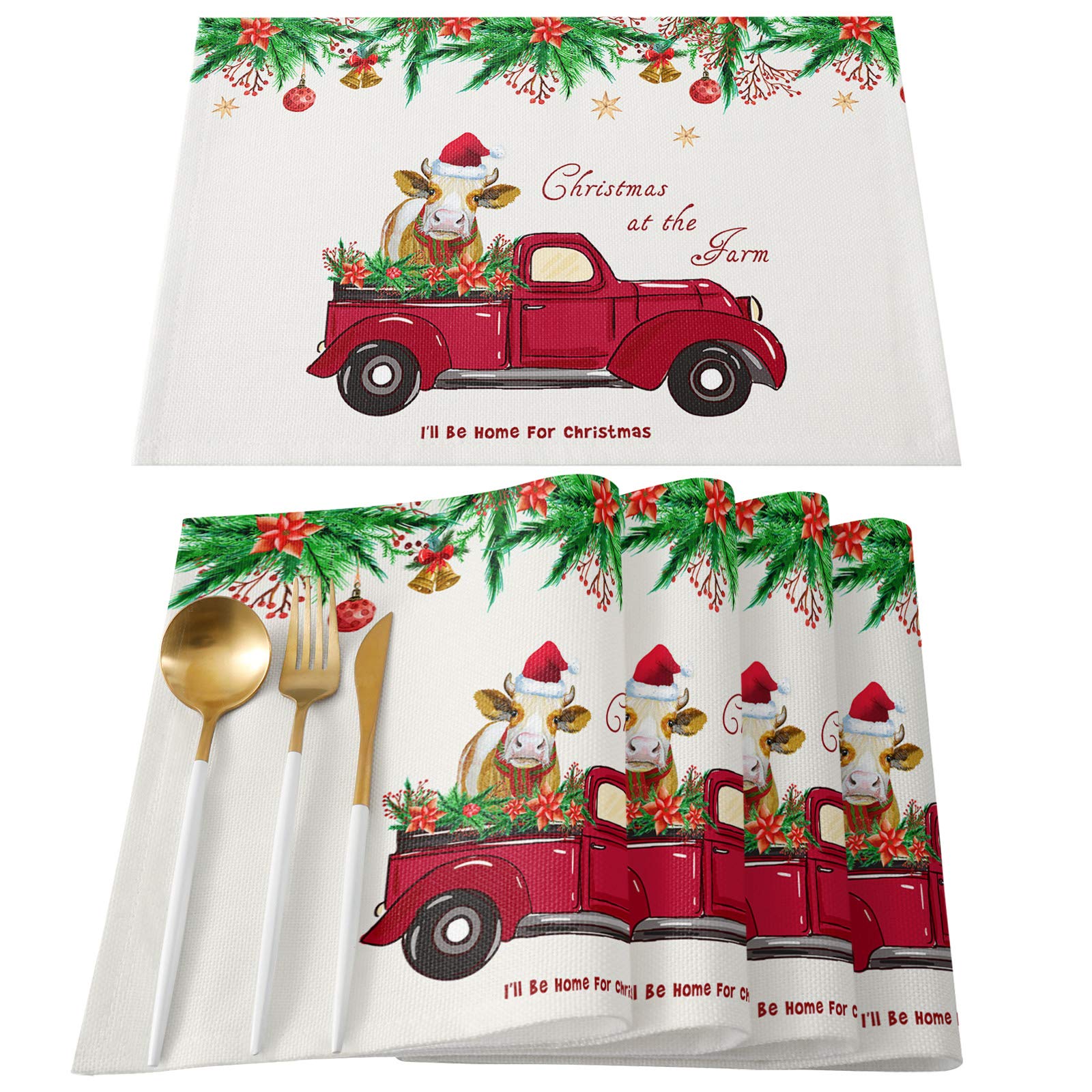 Farmhouse Christmas Placemats Set of 6 - Washable Red Truck Holiday Table Mats 13x19 Inch for Dining Table, Kitchen & Patio Decor | Perfect for Christmas Dinner, Winter Gatherings & Festive Home Decor