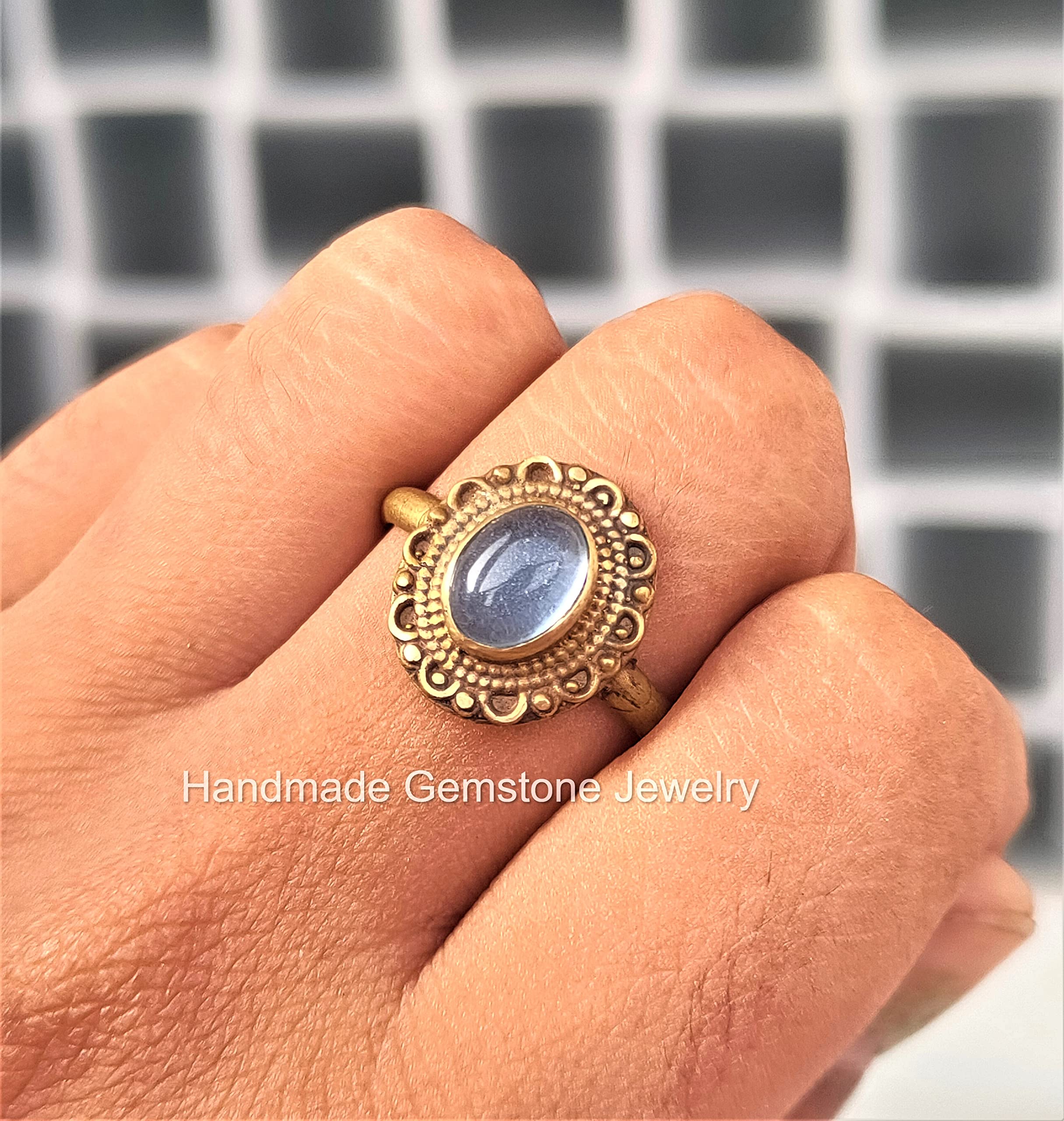 Natural Blue Chalcedony Ring - Handmade Minimalist Oval Semi-Precious Stone Jewelry in Gold Filled & Brass Options | Dainty Blue Chalcedony Ring for Women, Perfect for Everyday Wear, Gift Giving & Boho Fashion