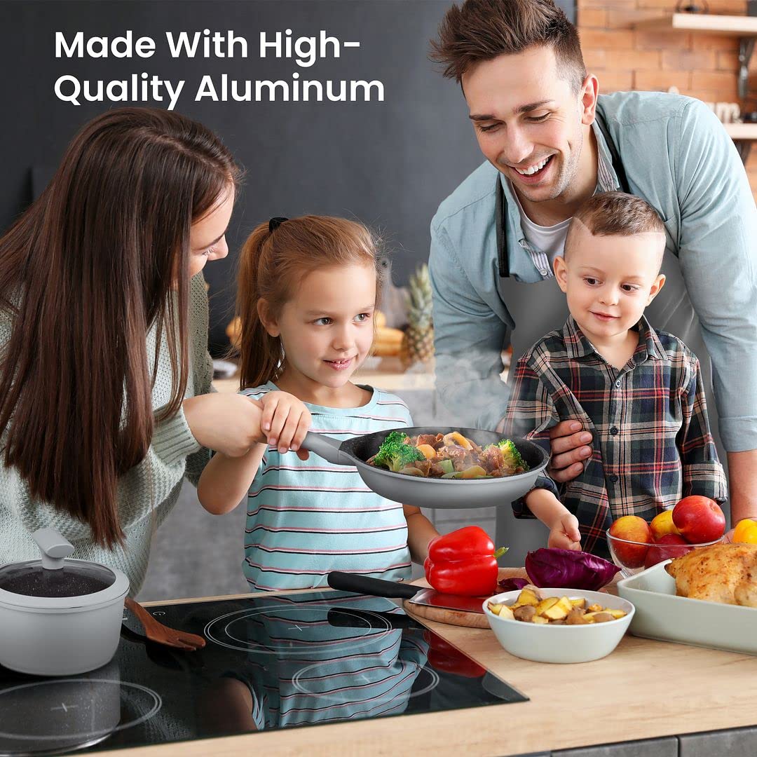 **Chef's Star Nonstick Pots and Pans Set - 10-Piece Aluminum Cookware Set with Silicone Handle, Nonstick Frying Pans, Oven Safe & Dishwasher Safe - Includes Oven Gloves & Apron (Gray) - Perfect for Home Cooking, Baking & Everyday Kitchen Use**