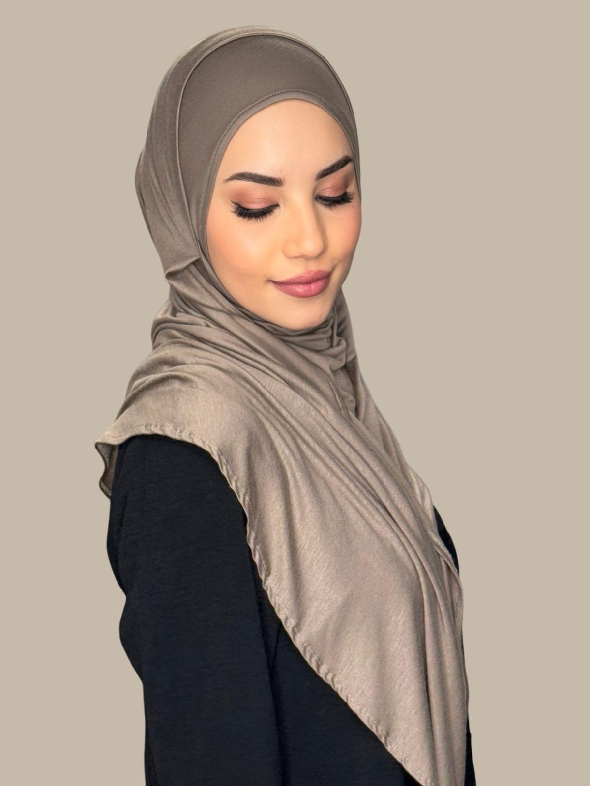 Pre-Sewn Jersey Hijab in Sandstone Color - Soft & Comfortable Muslim Headscarf for Daily Wear & Prayer