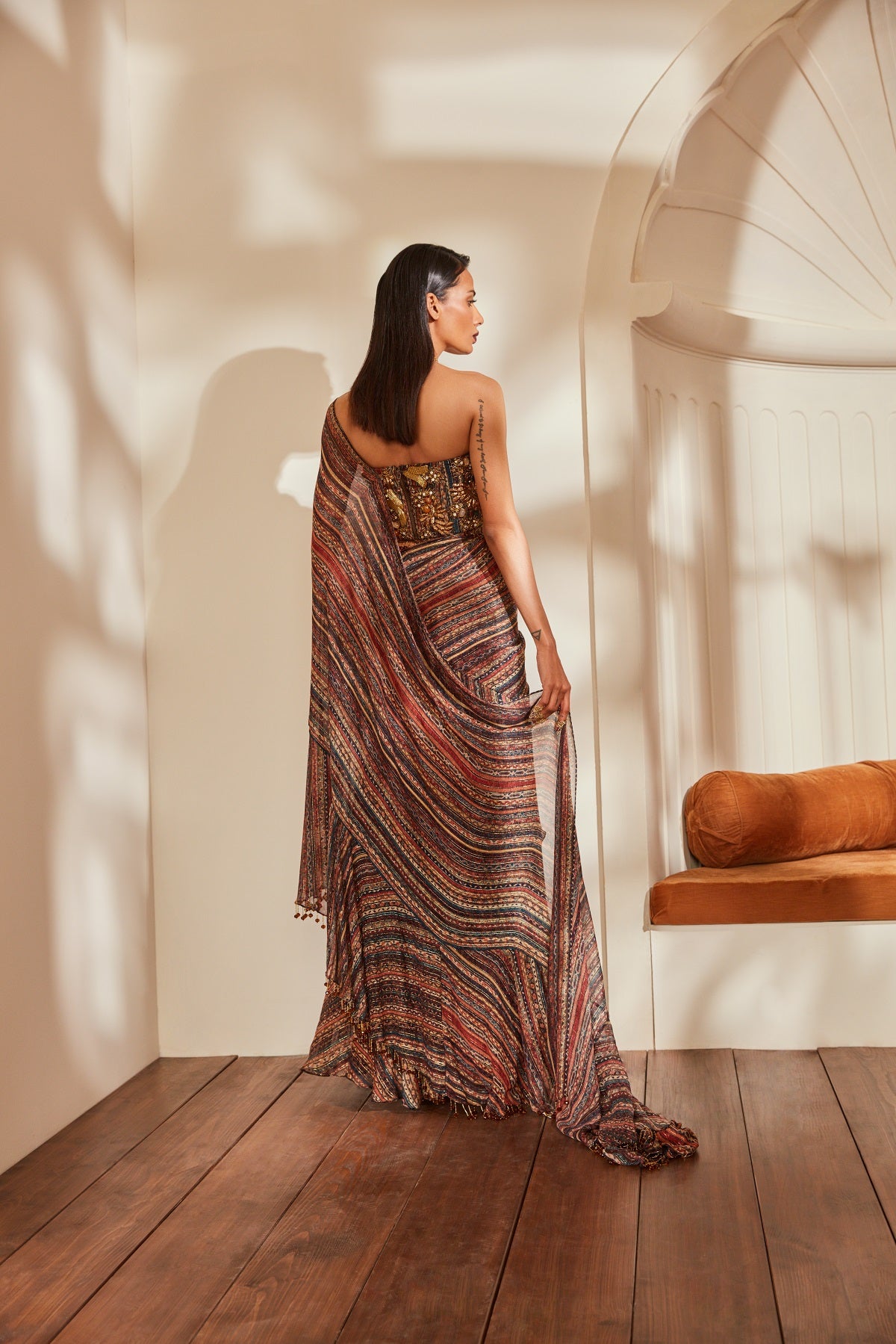 Elegant Stripe Print Ruffle Saree with Tube Top & Belt - Baroque Handwork for Women's Party Wear & Special Occasions