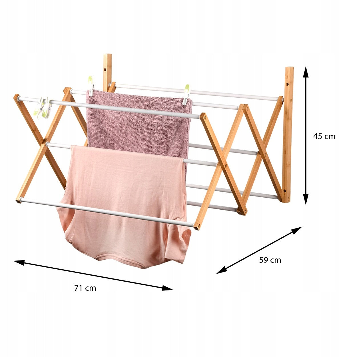 Foldable Wall Mounted Clothes Dryer Rack - Bamboo & Metal Drying Rack for Laundry - Space Saving Clothesline for Apartments, Balconies & Small Spaces