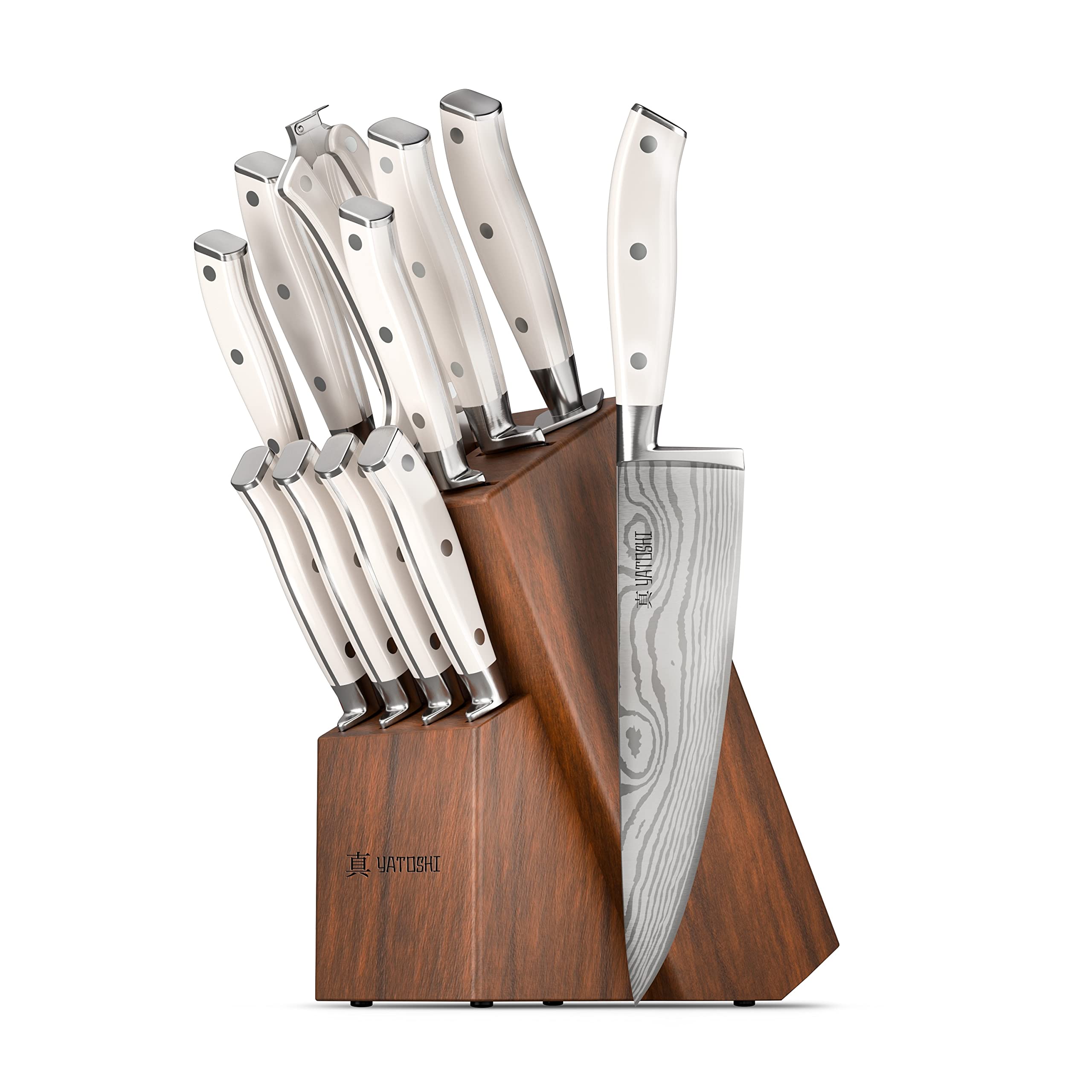 Yatoshi 12-Piece White Knife Block Set - Professional Ultra Sharp High Carbon Stainless Steel Kitchen Knives with Ergonomic Handle | Perfect for Home Chefs, Cooking Enthusiasts & Restaurant Use