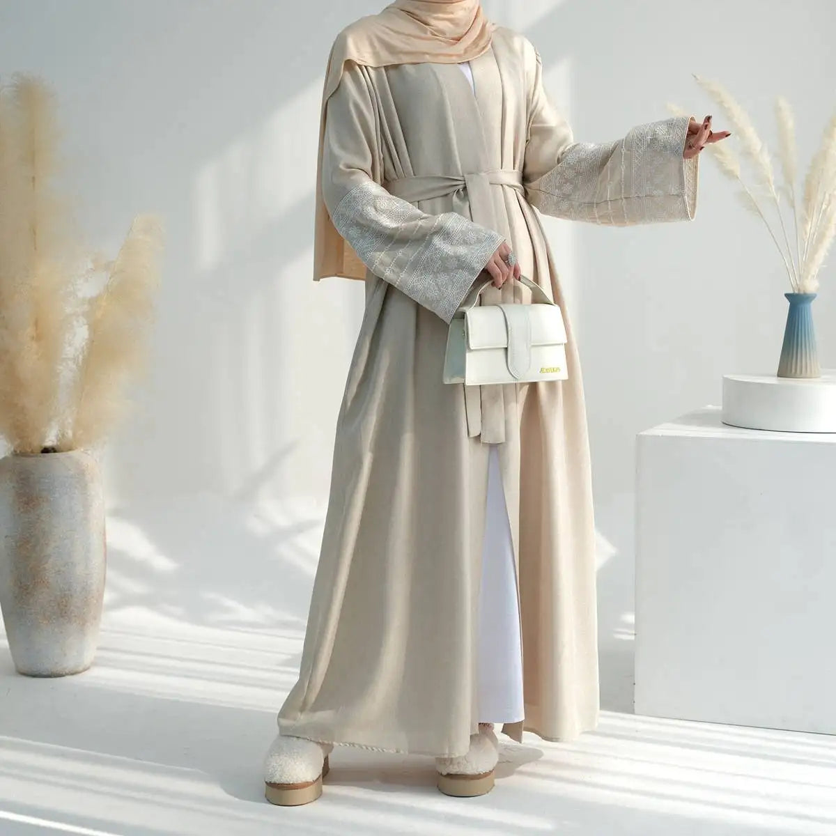 Elegant Embroidered Sleeve Cardigan Open Abaya Dress for Women - Perfect for Prayer, Modest Fashion & Special Occasions