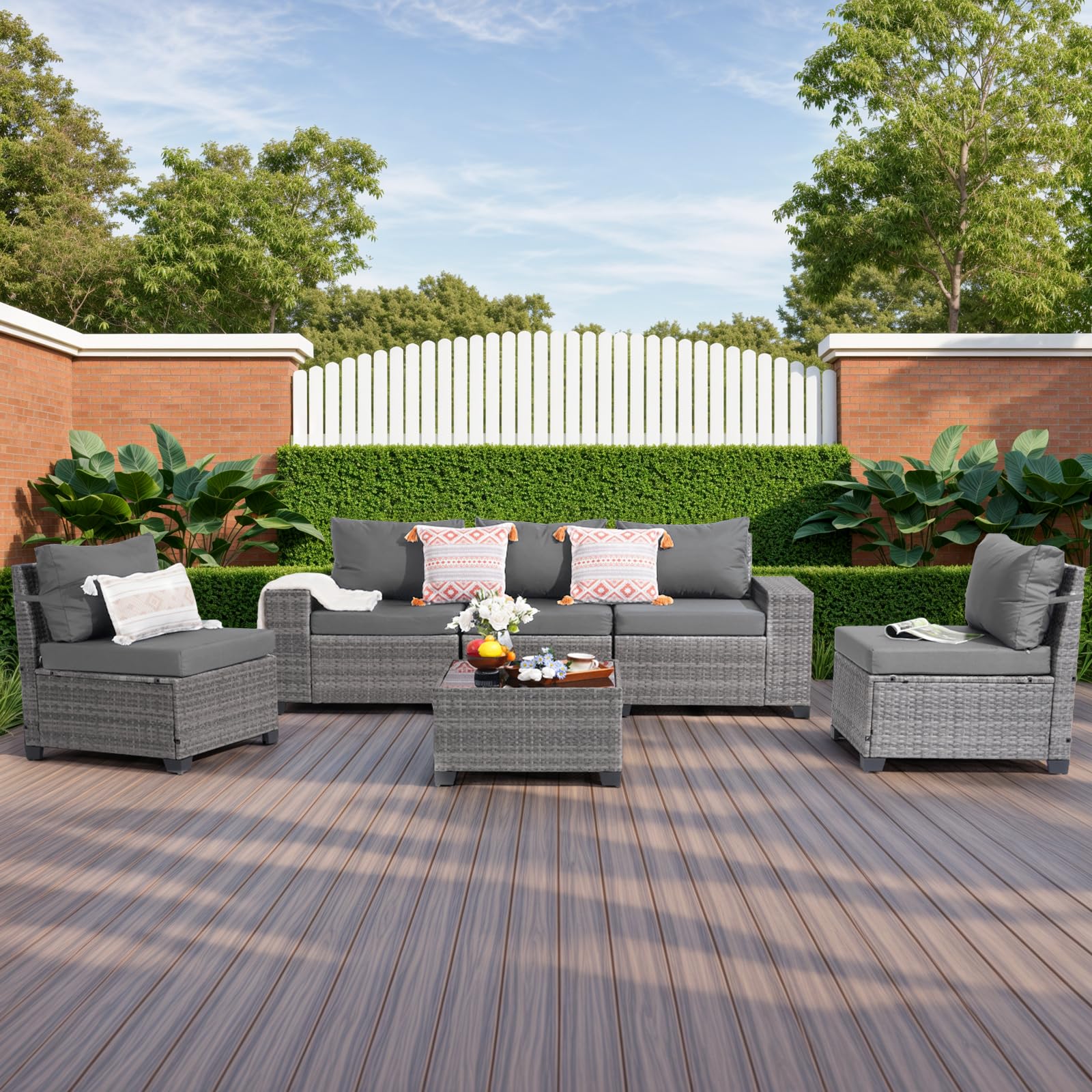 JOIVI 6-Piece Patio Furniture Set with Coffee Table - Flexible Wicker Outdoor Sofa & Cushion Covers - Perfect for Backyard, Garden, Poolside & Family Gatherings - Grey Weather-Resistant Furniture