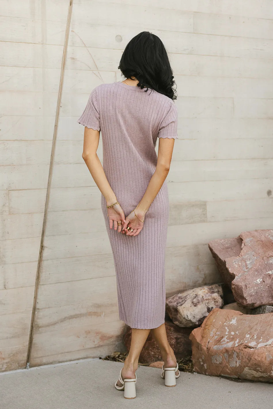 Emmie Ribbed Midi Dress in Lavender | Women's Stretchy Bodycon Dress with Long Sleeves | Perfect for Date Night, Office Wear & Fall Outfits | FINAL SALE