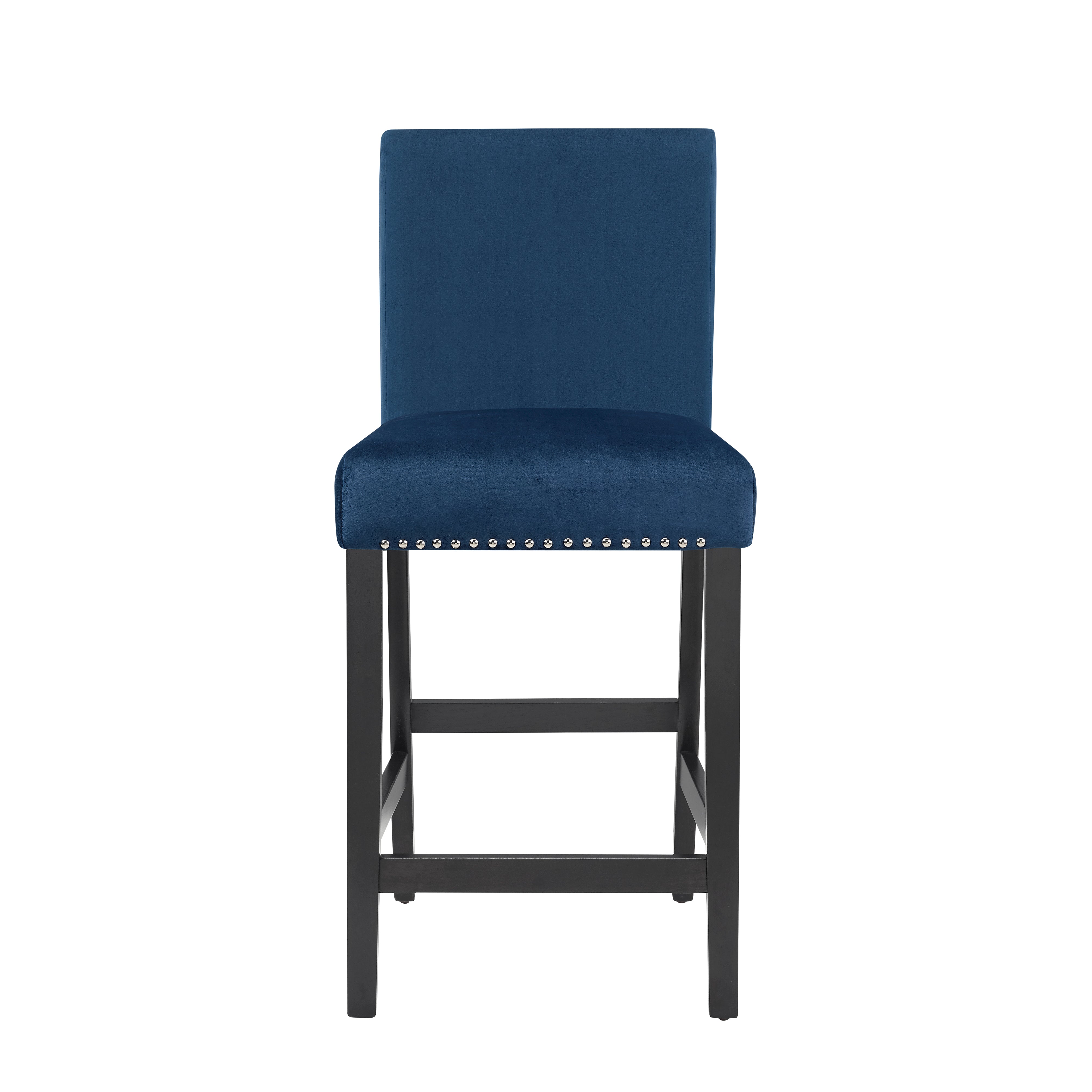 Roundhill Furniture Cobre Contemporary Velvet Counter Stool with Nailhead Trim - Set of 2 Blue Bar Stools for Kitchen Island, Breakfast Nook & Home Decor