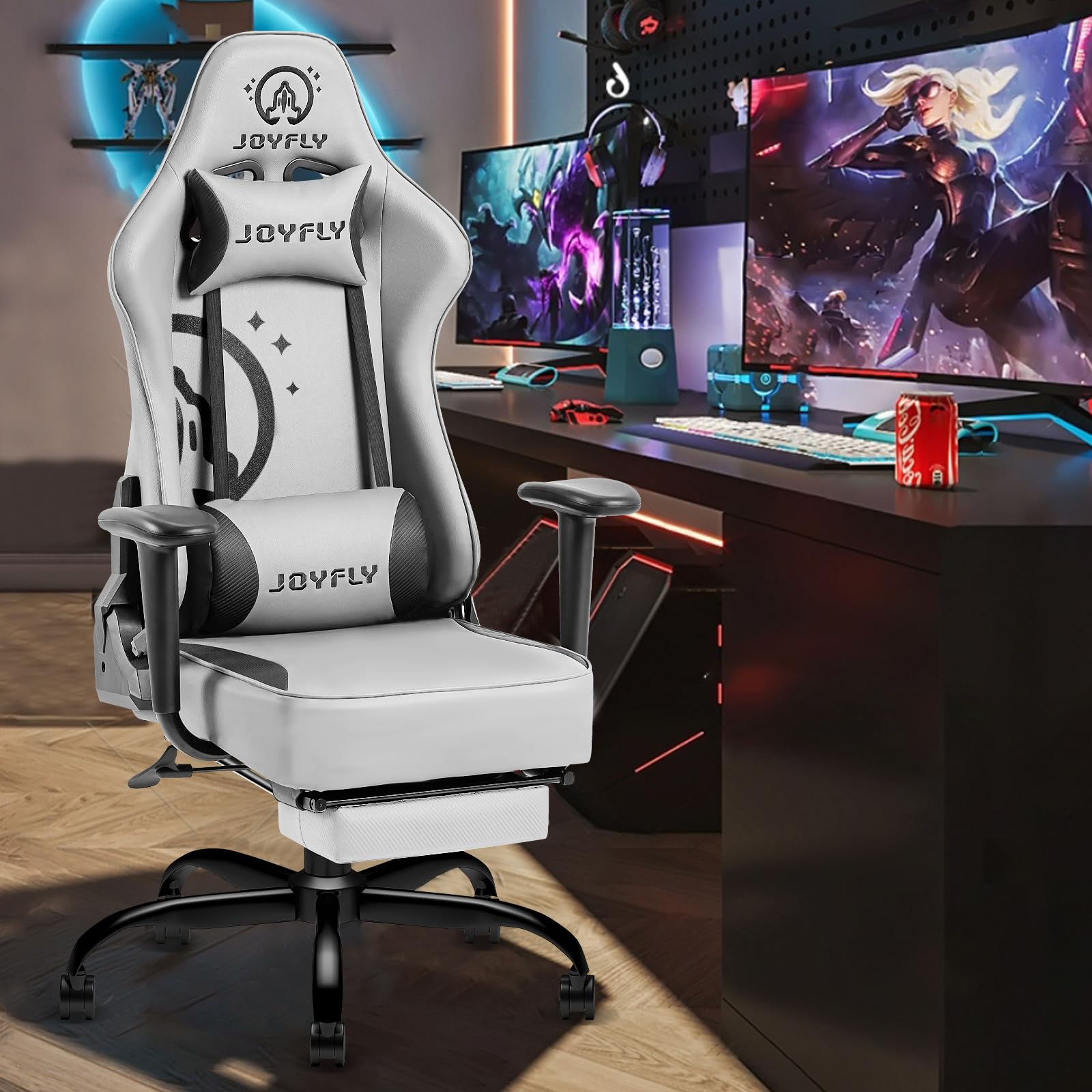 JOYFLY Ergonomic Gaming Chair with Footrest & Lumbar Support - High Back Racing Style PC Computer Office Chair for Adults - 350lbs Weight Capacity, Grey - Perfect for Esports, Streaming & Home Office Work