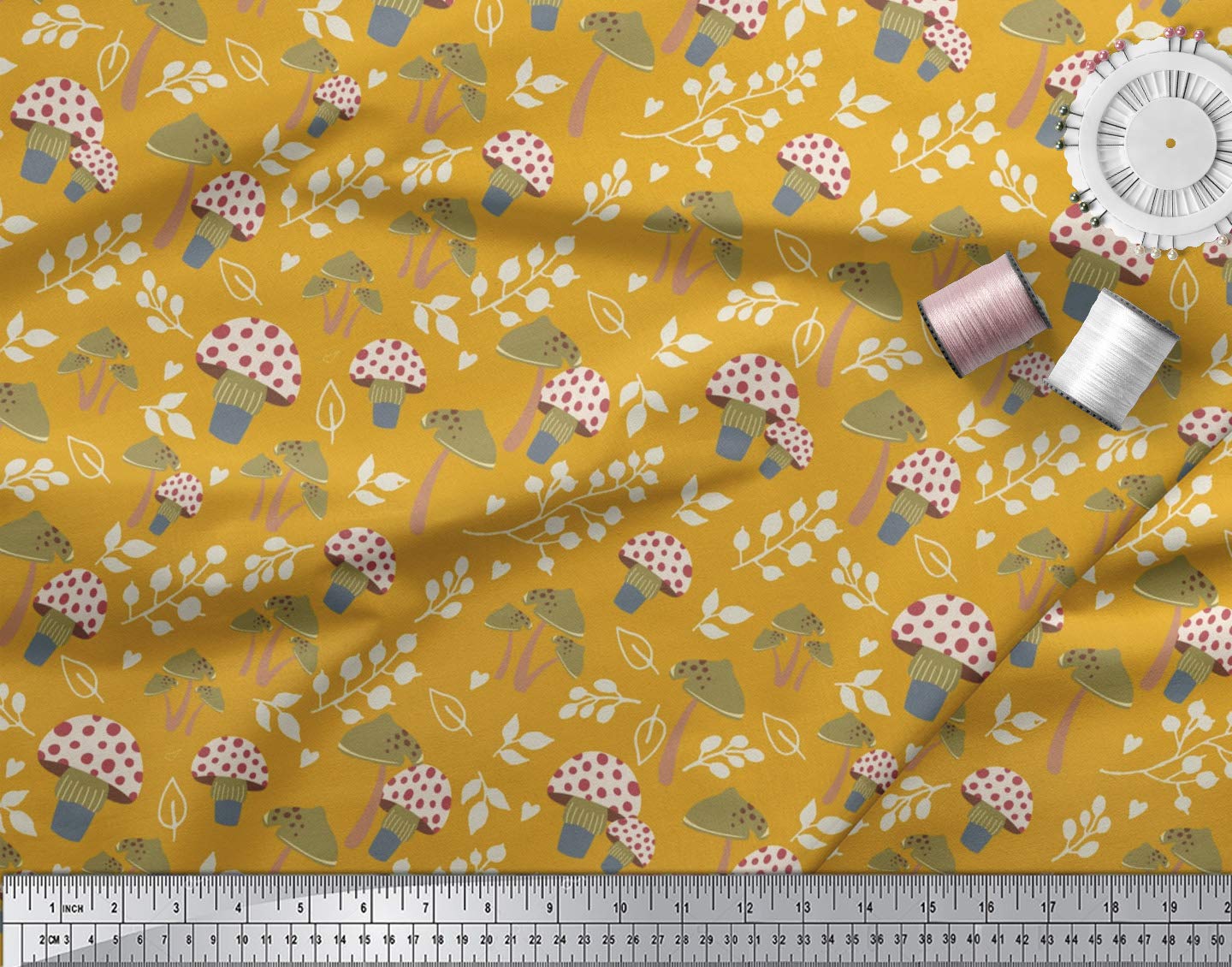 Soimoi Cotton Voile Gold Fabric by The Yard - 42 Inch Wide Printed Fabric with Leaves & Mushroom Botanical Tapestry Design - Earthy Patterns for Dresses, Curtains, DIY Crafts & Home Decor