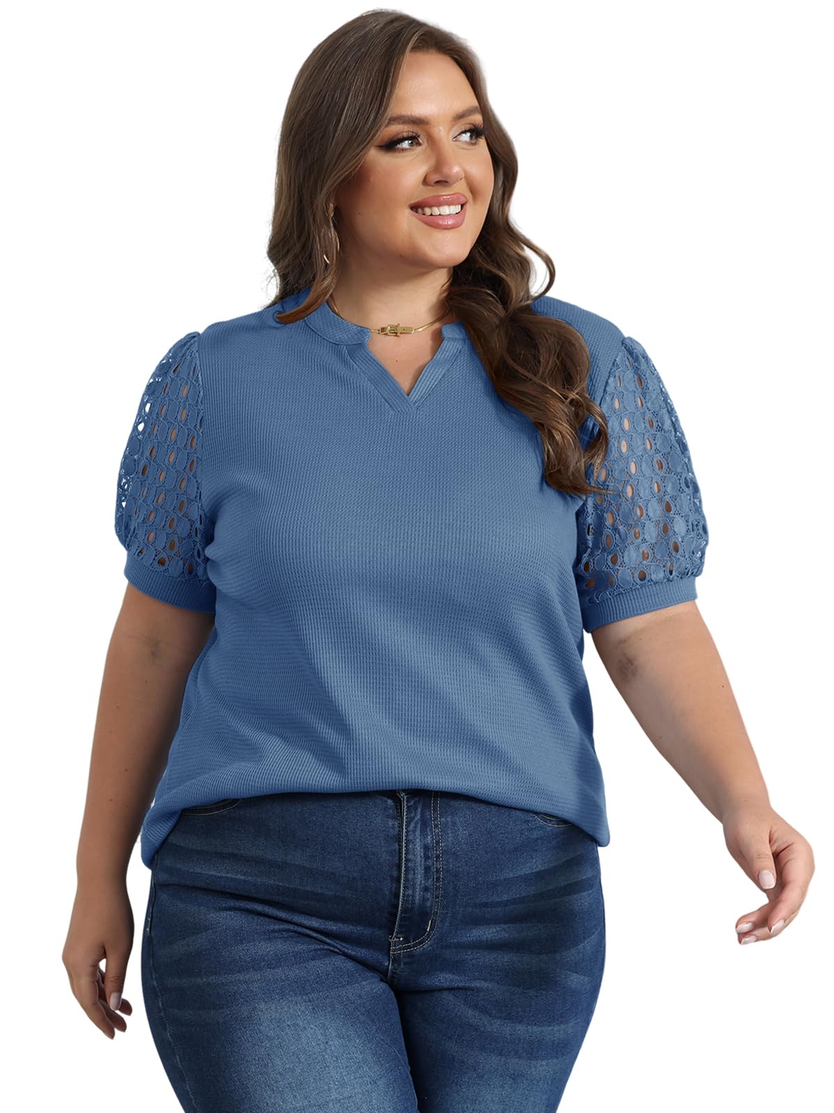 HDLTE Plus Size Women's Short Sleeve Lace Waffle Knit Oversized Blouse - Comfortable & Stylish Casual Top for Work, Date Night & Everyday Wear