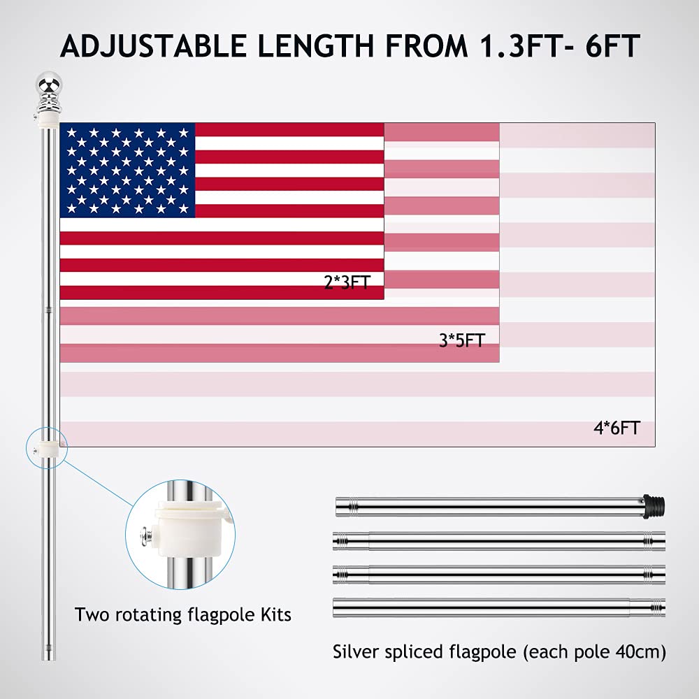 5ft Stainless Steel Outdoor Flag Pole Kit with Bracket & Rings - Wall Mounted for House, Yard, Garden - Durable Residential & Commercial Use (Silver) | Perfect for Patriotic Displays, Sports Events & Business Branding