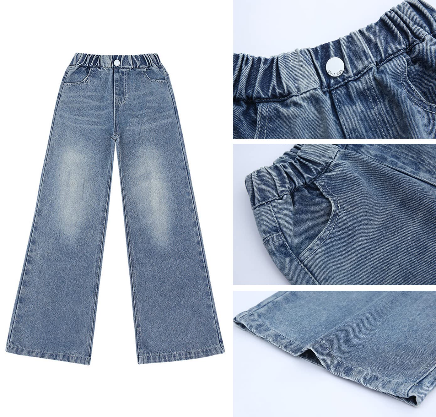 Girls' Baggy Wide Leg Jeans - Stretchy Elastic Waist, Distressed Washed Denim Pants for Kids Age 5-14 - Perfect for School, Playdates & Casual Outfits