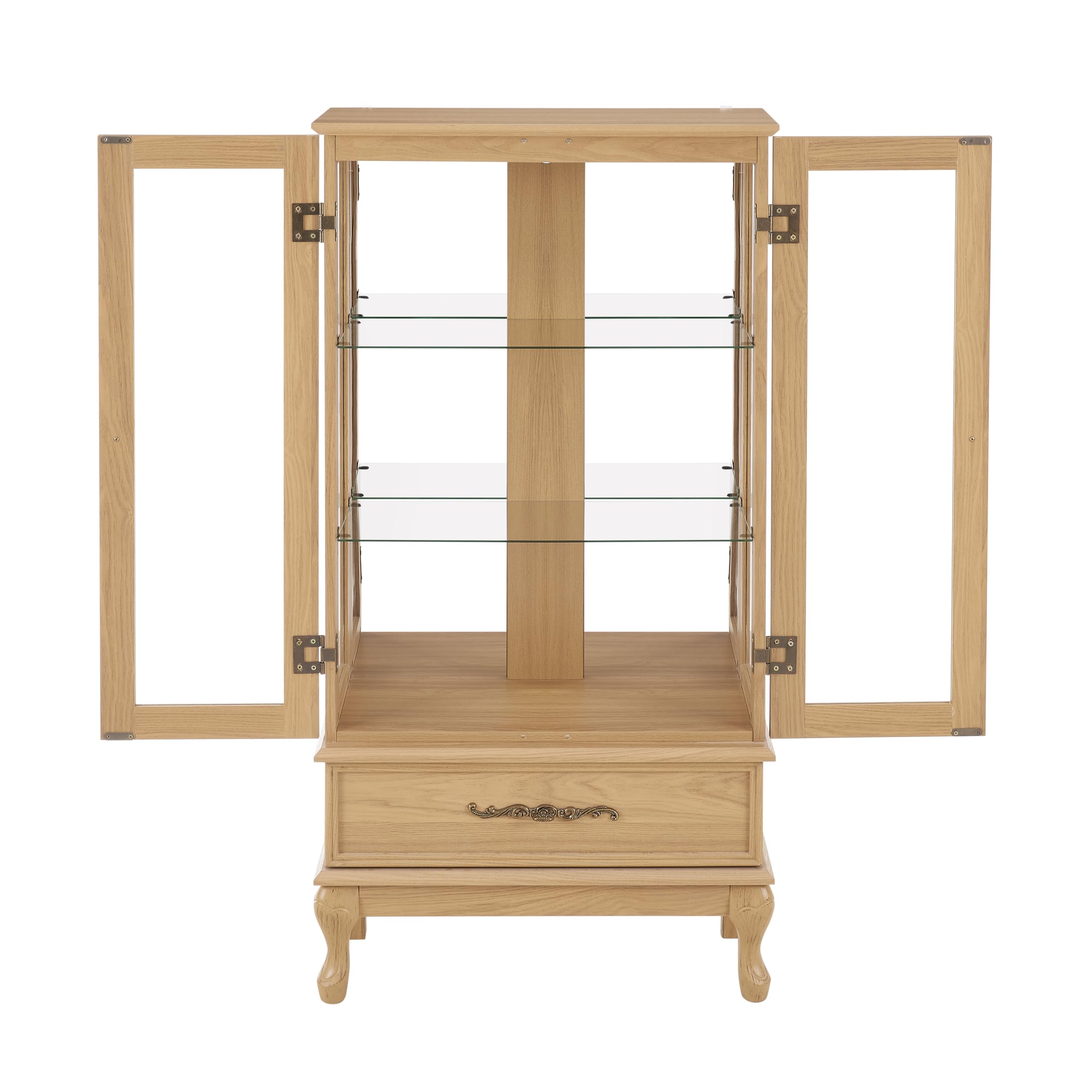 Lighted Glass Curio Cabinet with Adjustable Shelves - 2 Door Oak Display Cabinet with Drawer & Bulb Included - Perfect for Wine Storage, China Showcase & Living Room Decor
