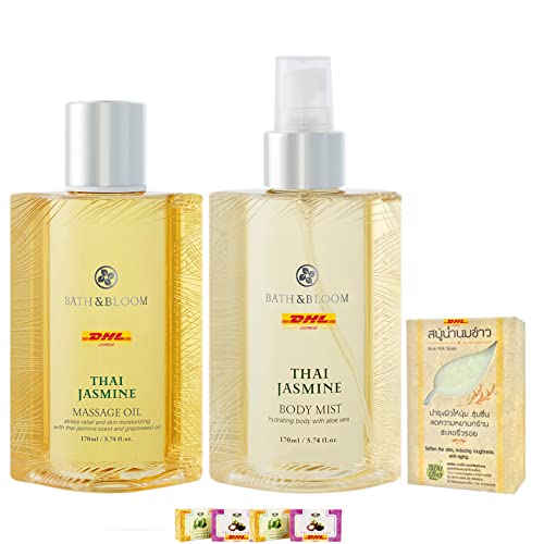 Premium Thai Jasmine Massage Oil & Body Mist Set - Anti-Aging, Smoothing & Softening Spa Treatment (5.74 Fl Oz) - Perfect for Relaxation, Aromatherapy & Home Spa Days - Includes Free Tomato Facial Mask - Fast DHL Shipping
