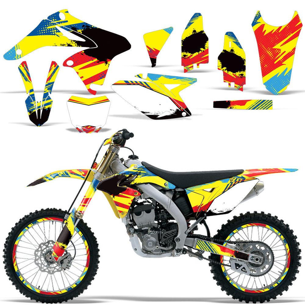 Premium MX Dirt Bike Graphics Kit - Full Sticker Decal Set with Rim Trim & Number Plates for Suzuki RMZ 250 (2010-2015 Models) - Vibrant Multicolor Design - Perfect for Motocross Racing, Trail Riding & Bike Customization